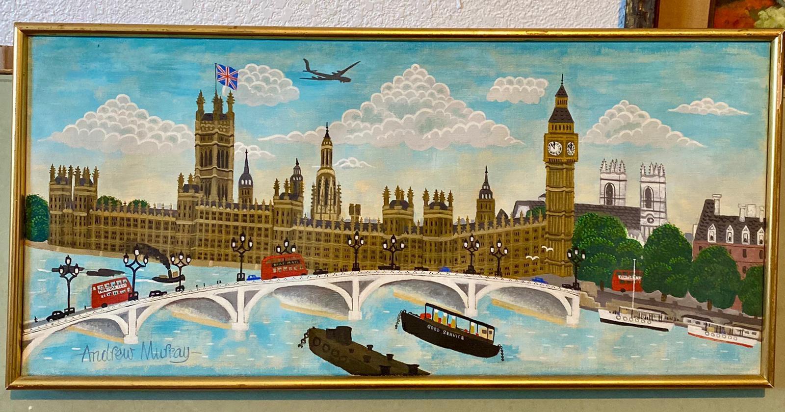 Naive London Street Scene Folk Art Oil Painting Big Ben, Parliament, Union Jack For Sale 4