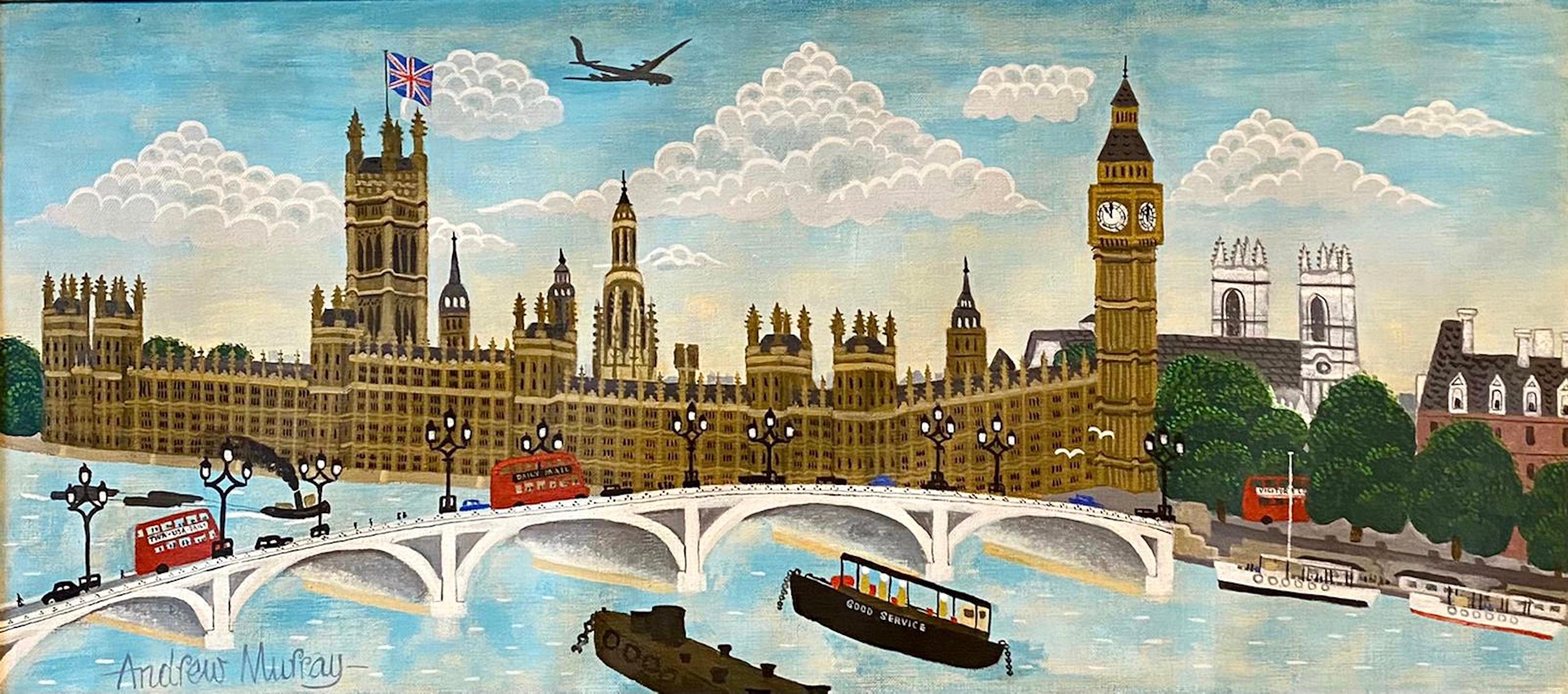 Andrew Murray Figurative Painting - Naive London Street Scene Folk Art Oil Painting Big Ben, Parliament, Union Jack 