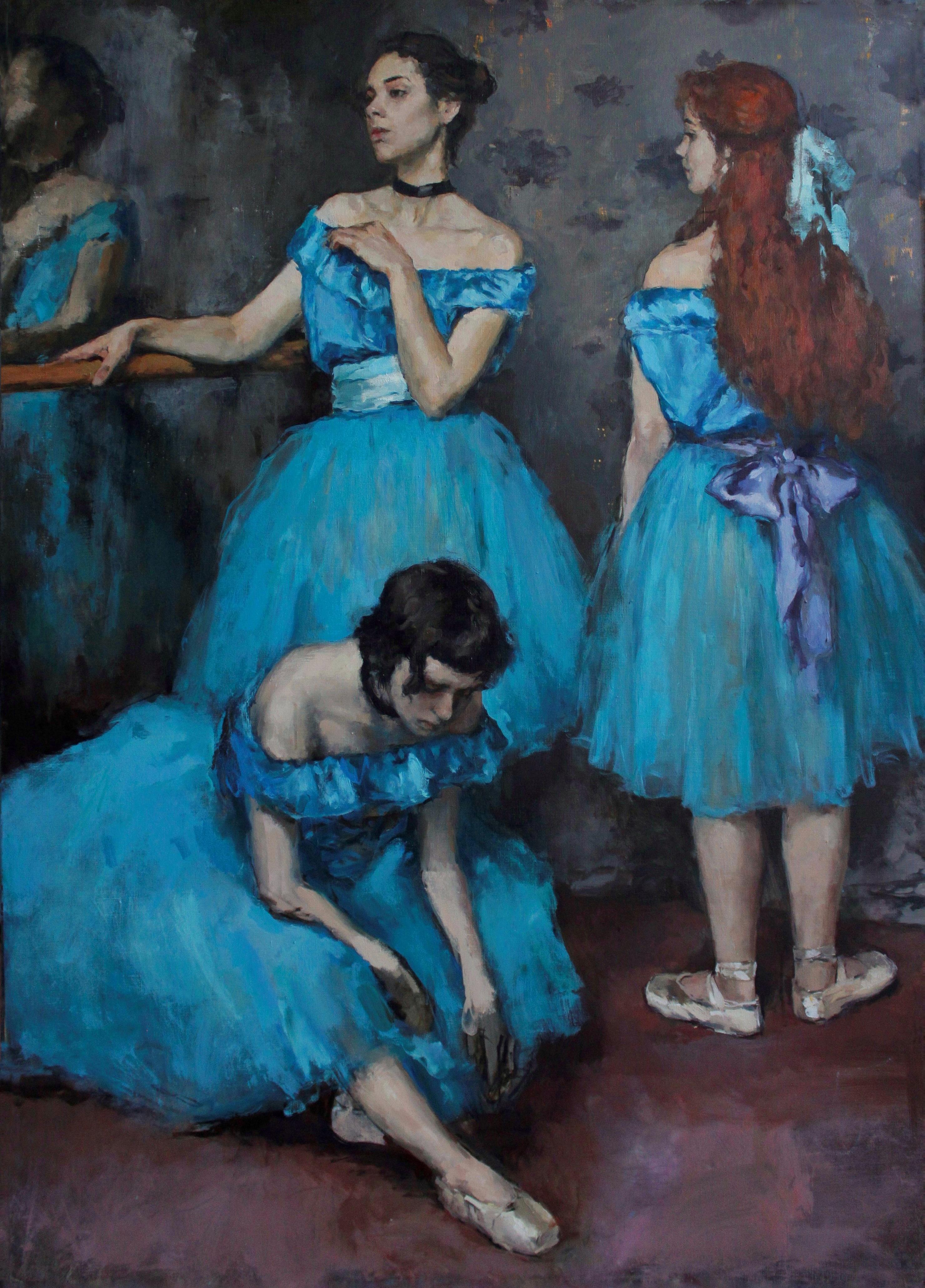 Andrew Piankovski Portrait Painting - Ballerinas in Blue Tutus - 21st Century Contemporary Realism Oil Painting