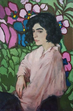 Female on Floral Background. Ashkhen - 21st Century Contemporary Oil Painting