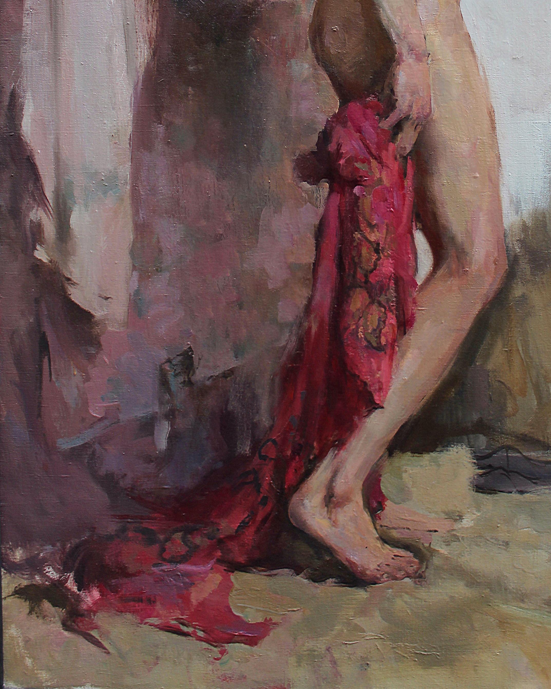 Nude on Rose - 21st Century Contemporary Female Beauty Oil Painting - Gray Figurative Painting by Andrew Piankovski