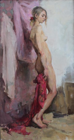 Nu sur Rose - 21ème siècle Contemporain Beauté Féminine Peinture à l'huile