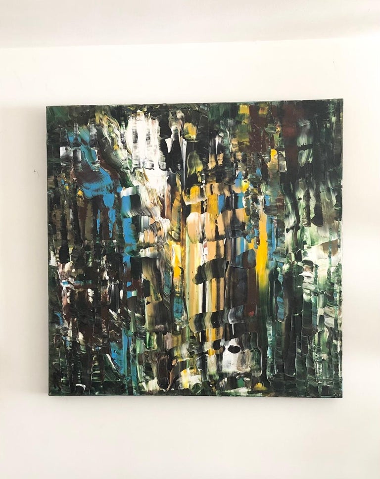 “Calypso” is an original, one of a kind, blue, yellow, green, cream, white, black, contemporary, acrylic on canvas abstract painting. Vibrant pops of color work in harmony to create this unique, contemporary work of art by Andrew Plum. Signed,