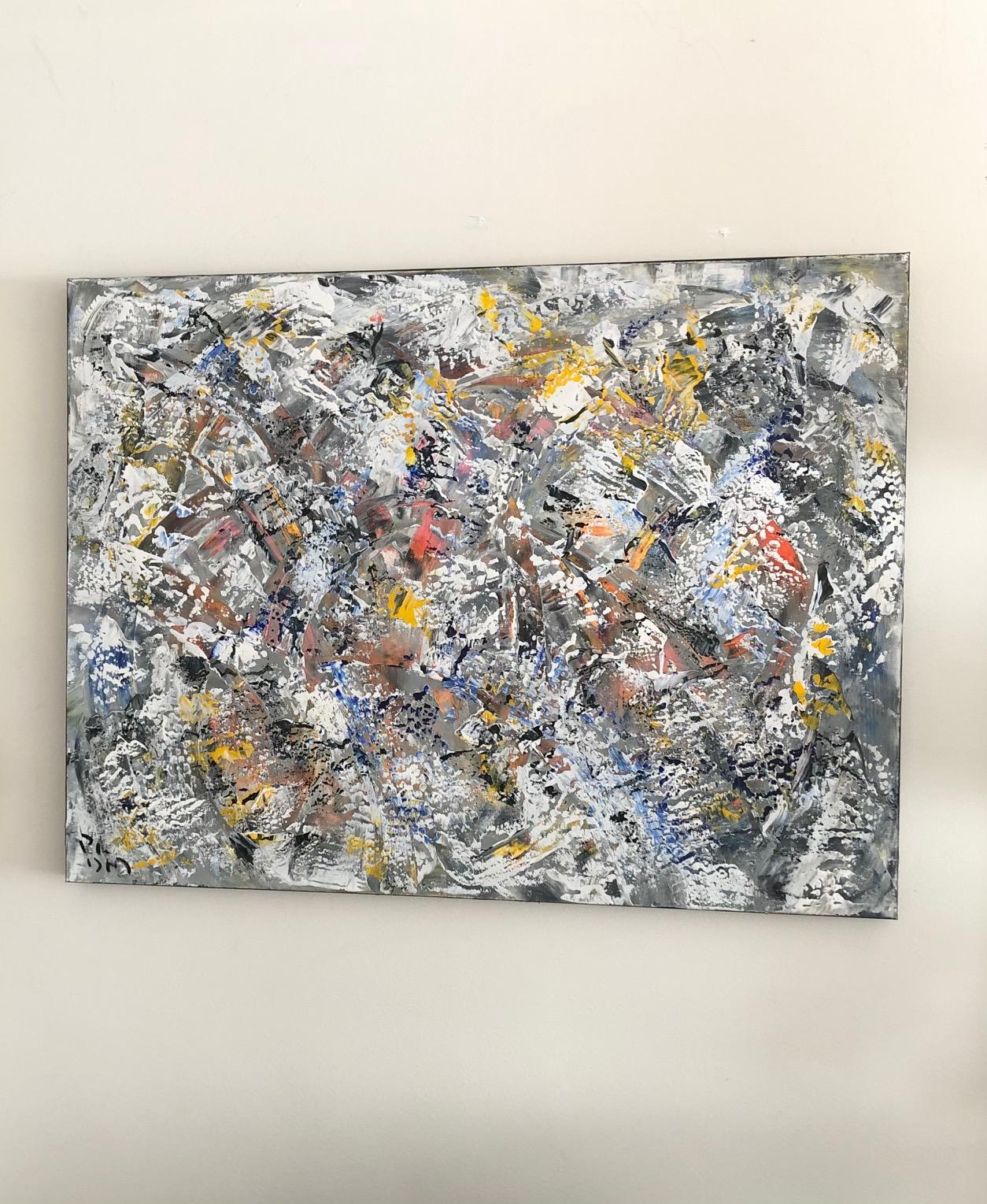 “Winter Vortex” is an original, one of a kind, white, yellow, black, gray, red, blue contemporary, acrylic on canvas abstract painting. Vibrant pops of color work in harmony to create this unique, contemporary work of art by Andrew Plum. Signed,