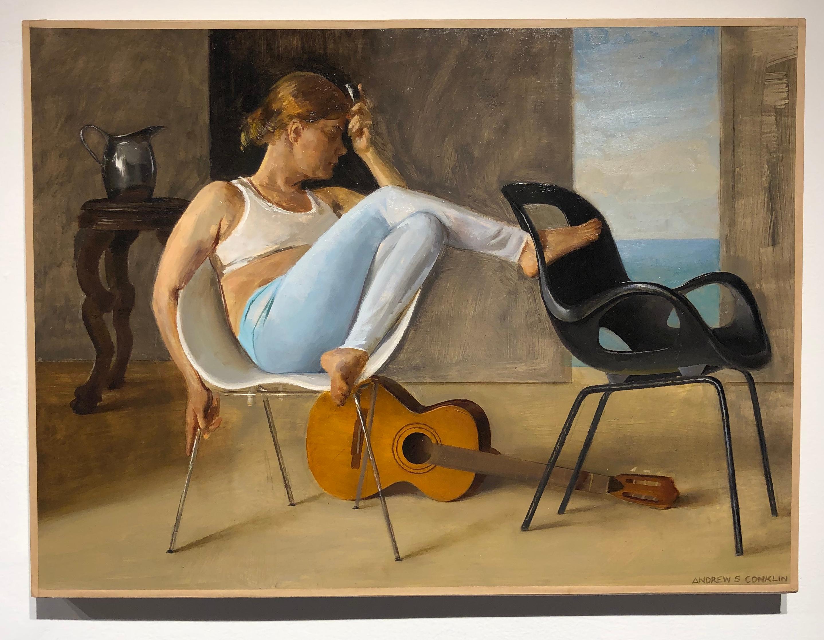 Ashley with Guitar, Female Lounging on a Tom Vac Chair, Original Oil on Panel - Painting by Andrew S. Conklin