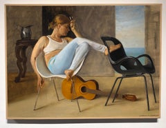 Ashley with Guitar, Female Lounging on a Tom Vac Chair, Original Oil on Panel