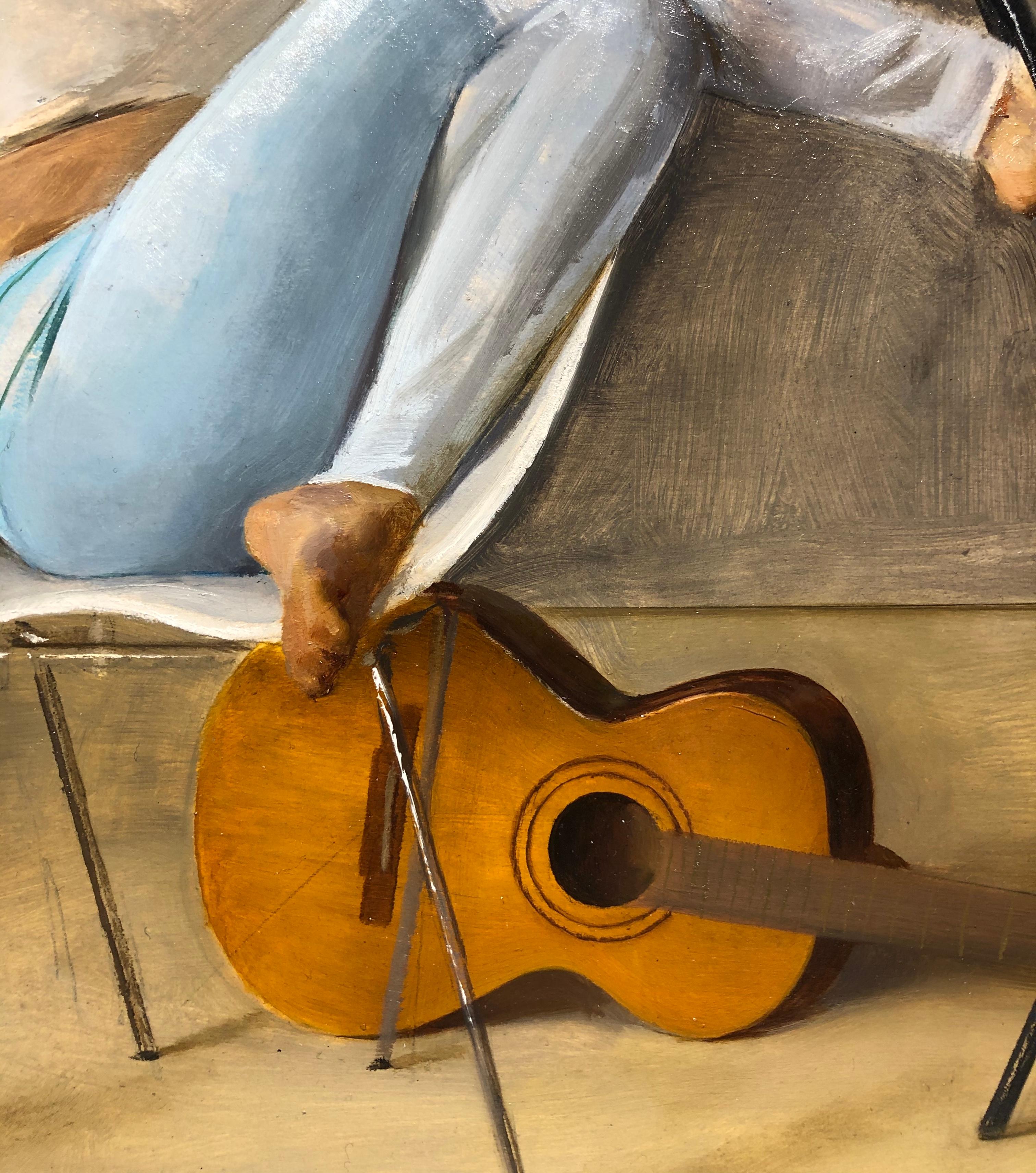 Ashley with Guitar, Female Lounging on a Tom Vac Chair, Original Oil on Panel - Contemporary Painting by Andrew S. Conklin