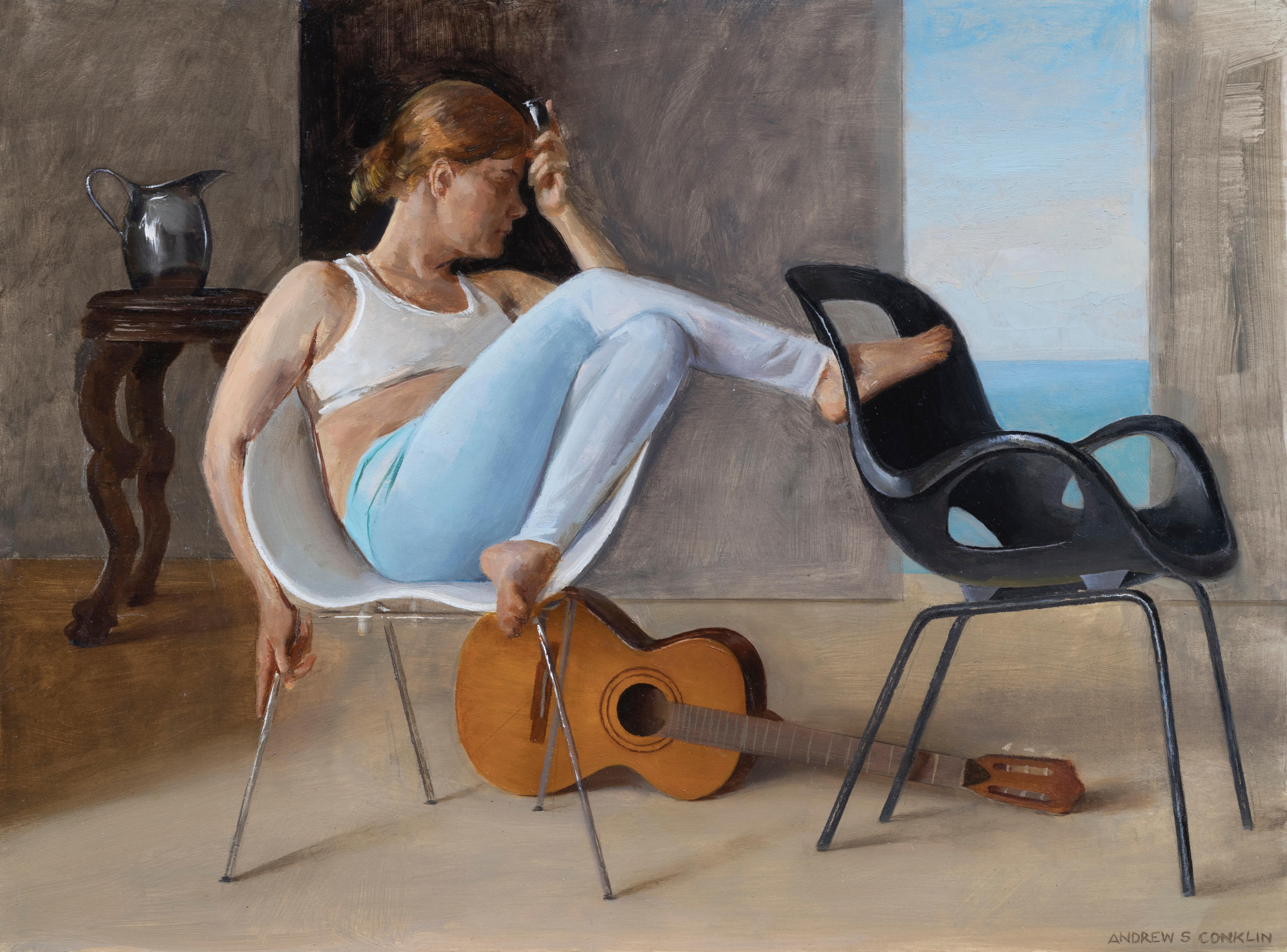 Ashley with Guitar, Female Lounging on a Tom Vac Chair, Original Oil on Panel