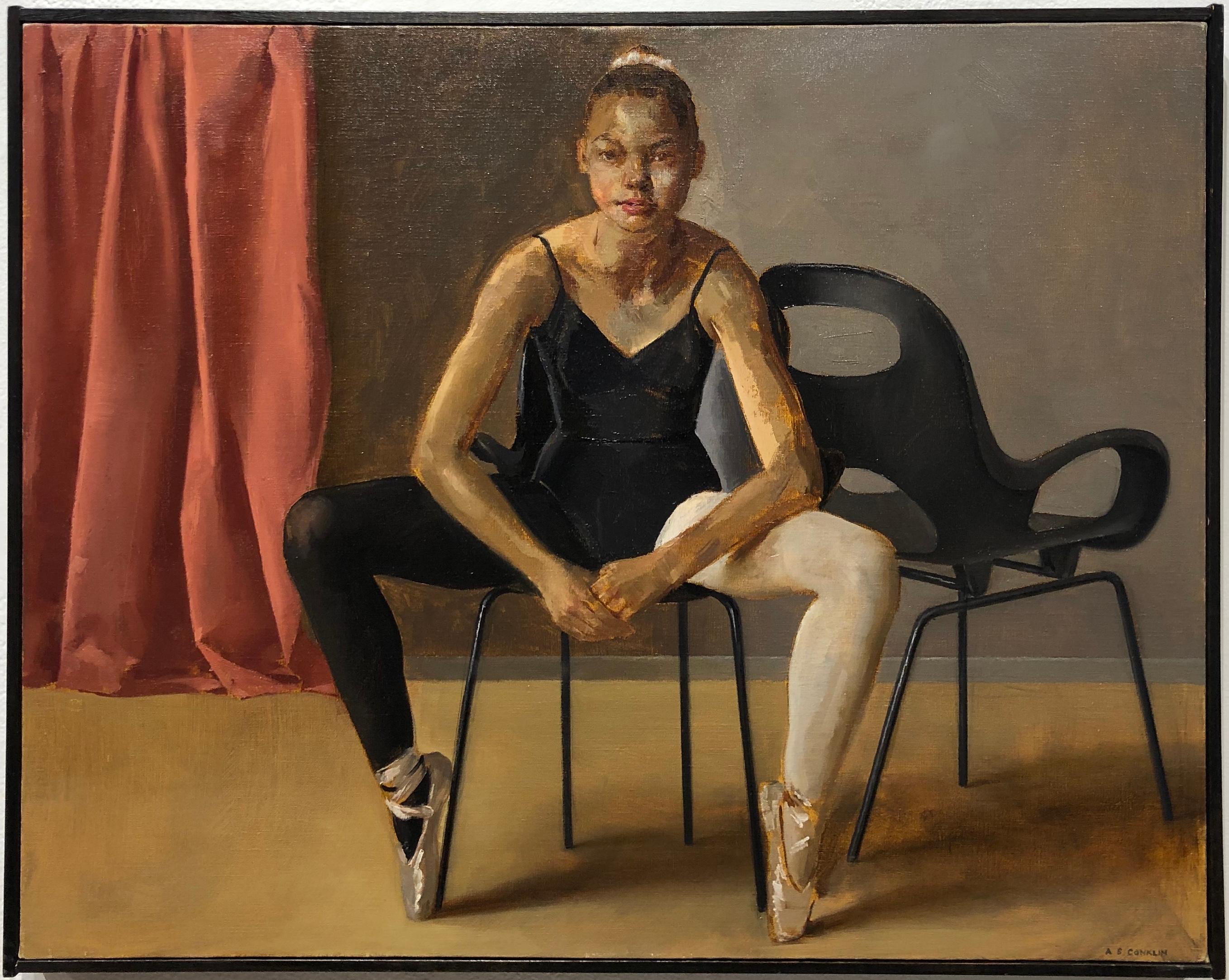 August in Leotard Seated on Oh Chair, Female Dancer, Original Oil on Panel - Painting by Andrew S. Conklin