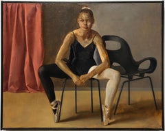 August in Leotard Seated on Oh Chair, Female Dancer, Original Oil on Panel