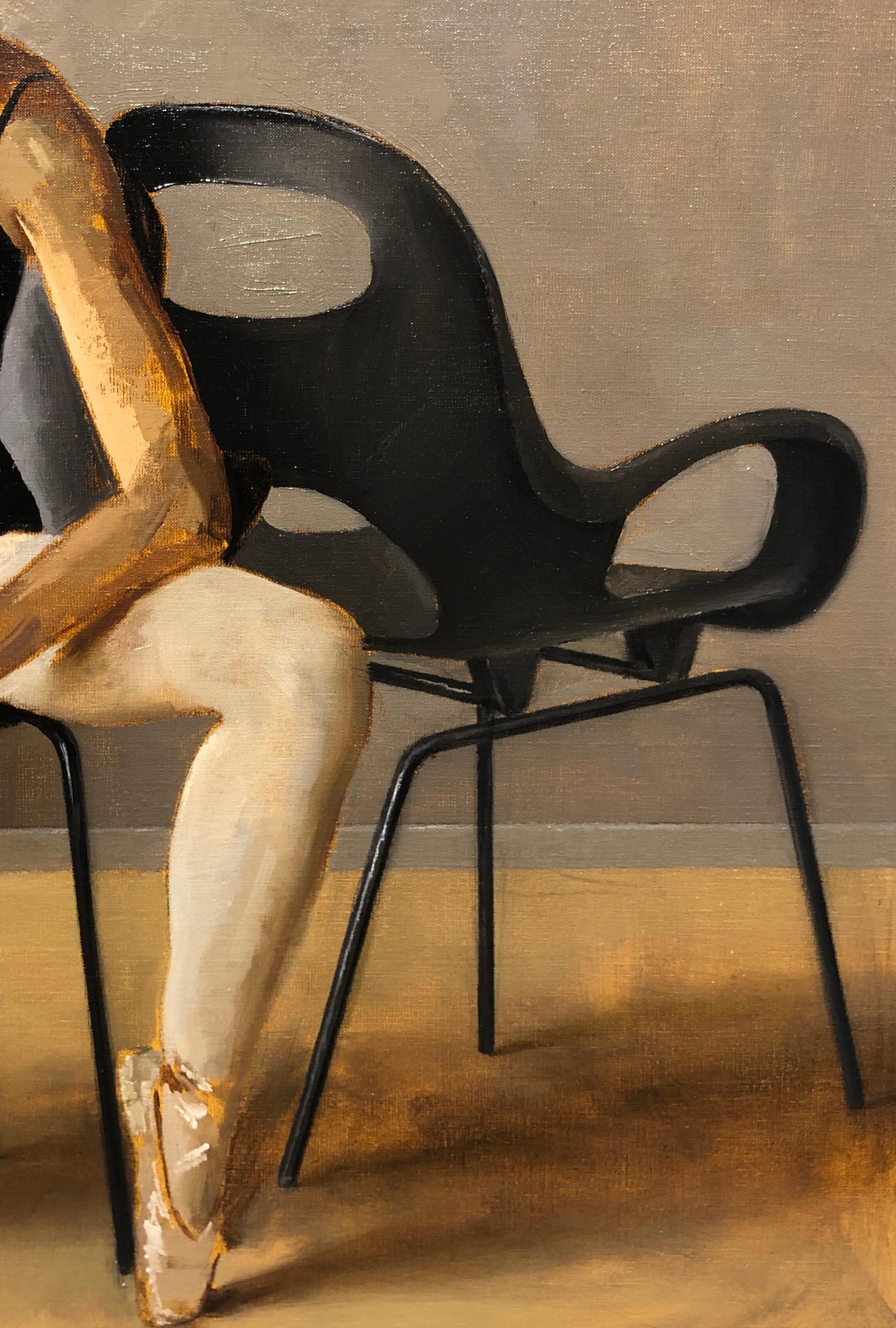 August in Leotard Seated on Oh Chair, Female Dancer, Original Oil on Panel - Brown Interior Painting by Andrew S. Conklin