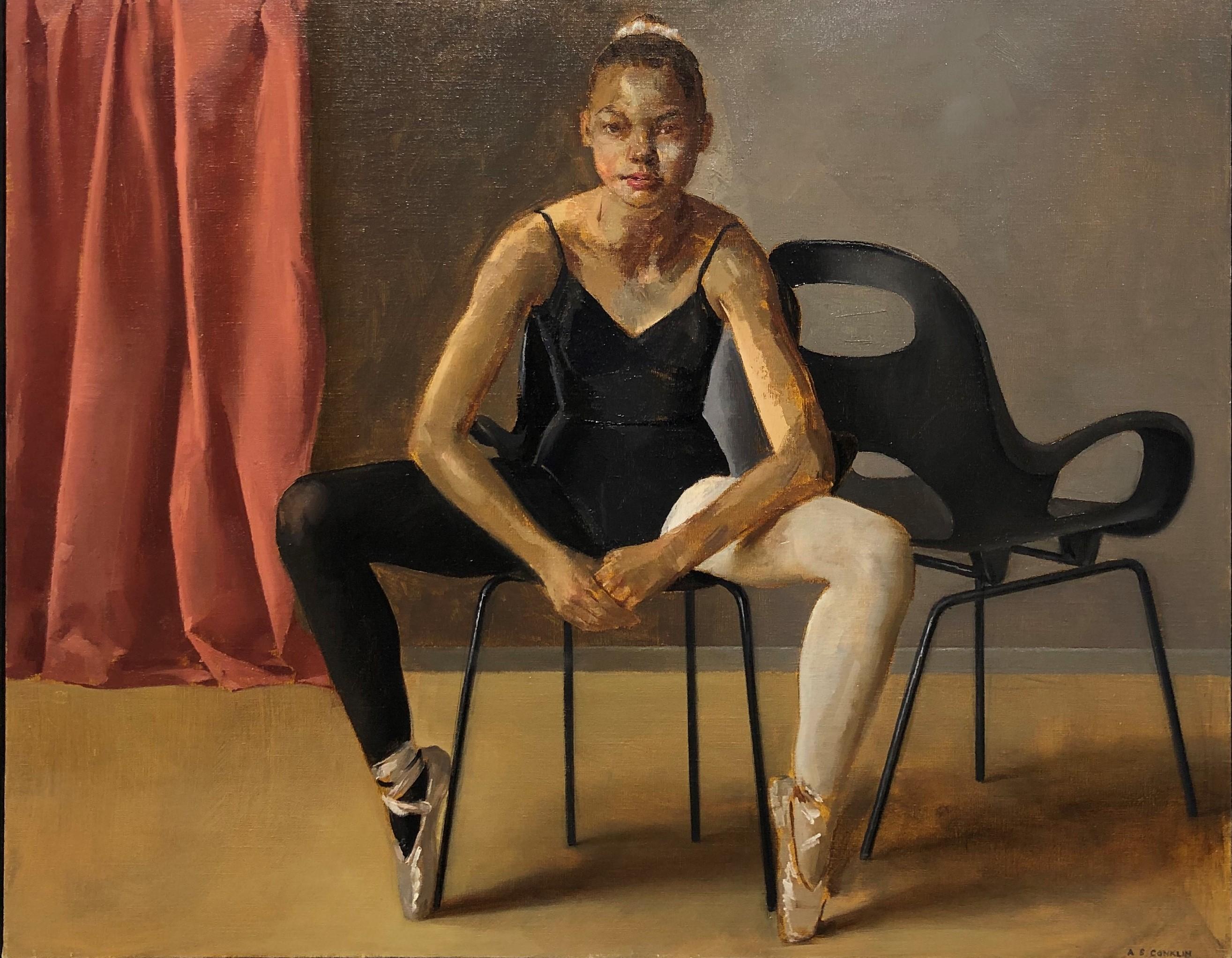 Andrew S. Conklin Interior Painting - August in Leotard Seated on Oh Chair, Female Dancer, Original Oil on Panel