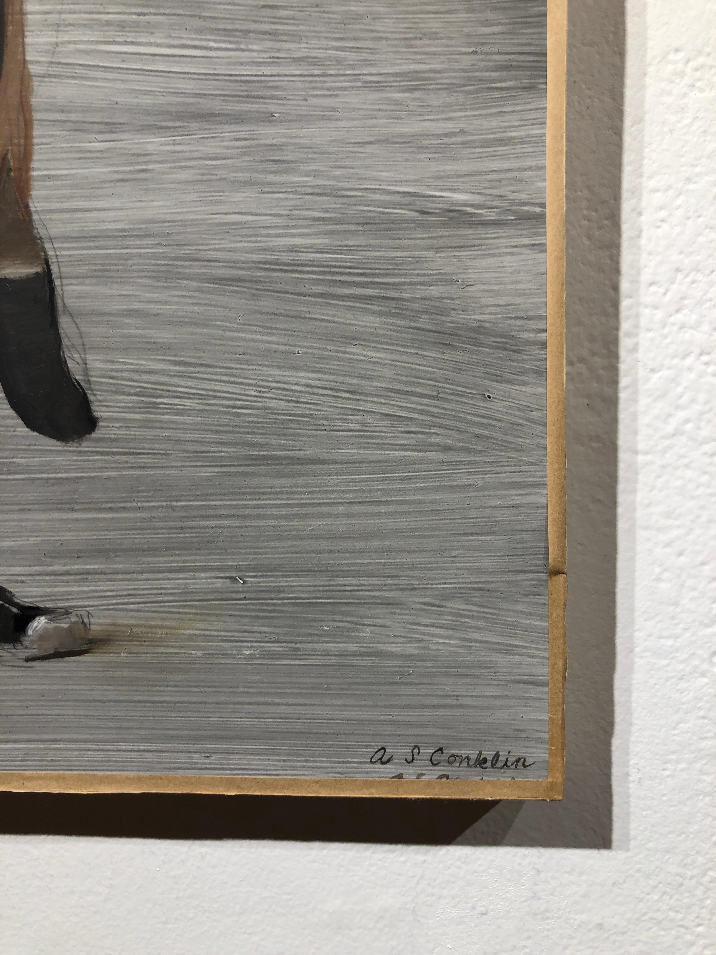 Courtney steht auf einem Fuß, (Studium für Bewegungsfotografie 6) - Original Ölgemälde (Grau), Nude Painting, von Andrew S. Conklin