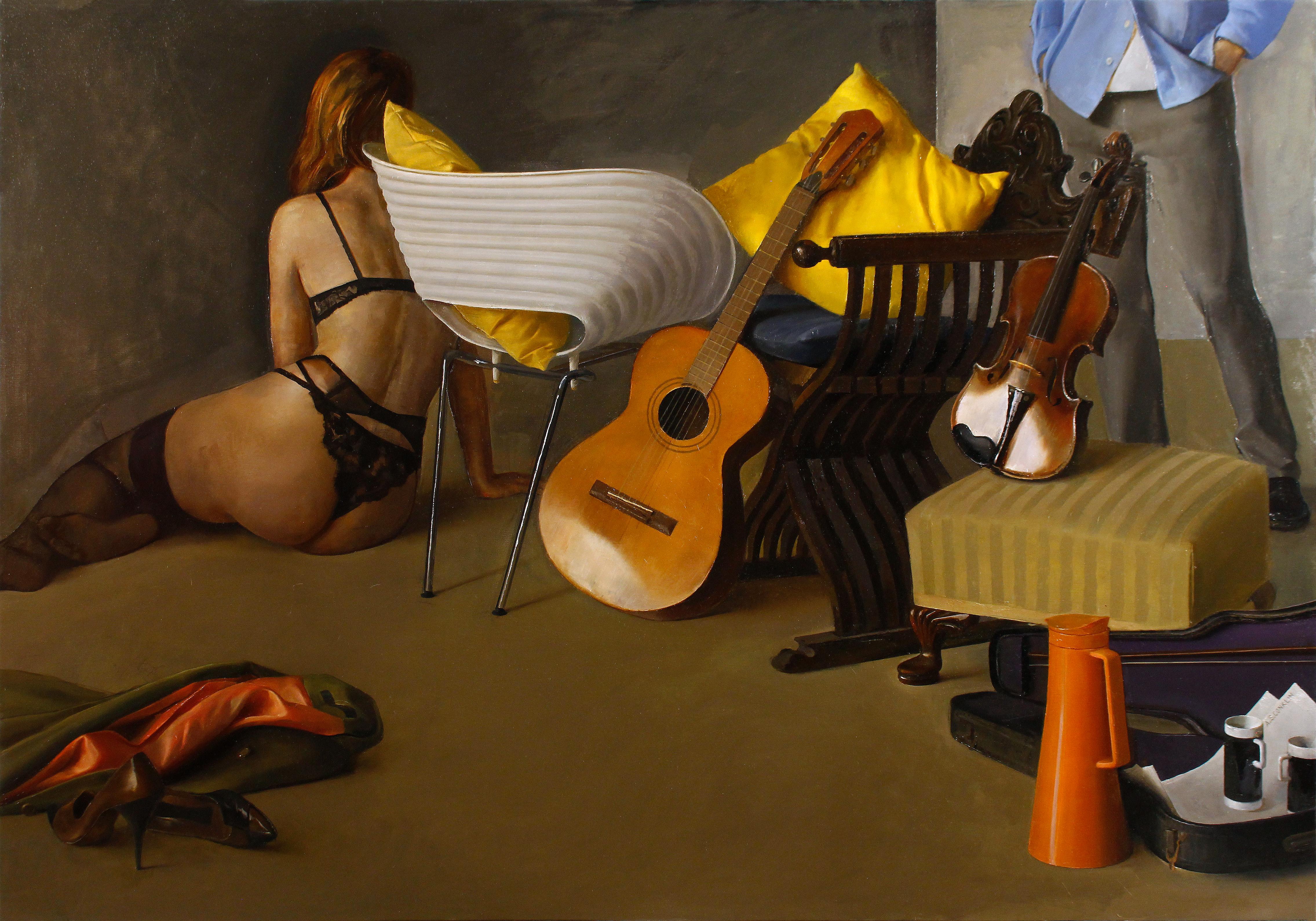 Duet II - Still Life with Guitar, Violin and Scantily Clad Woman, Oil on Linen
