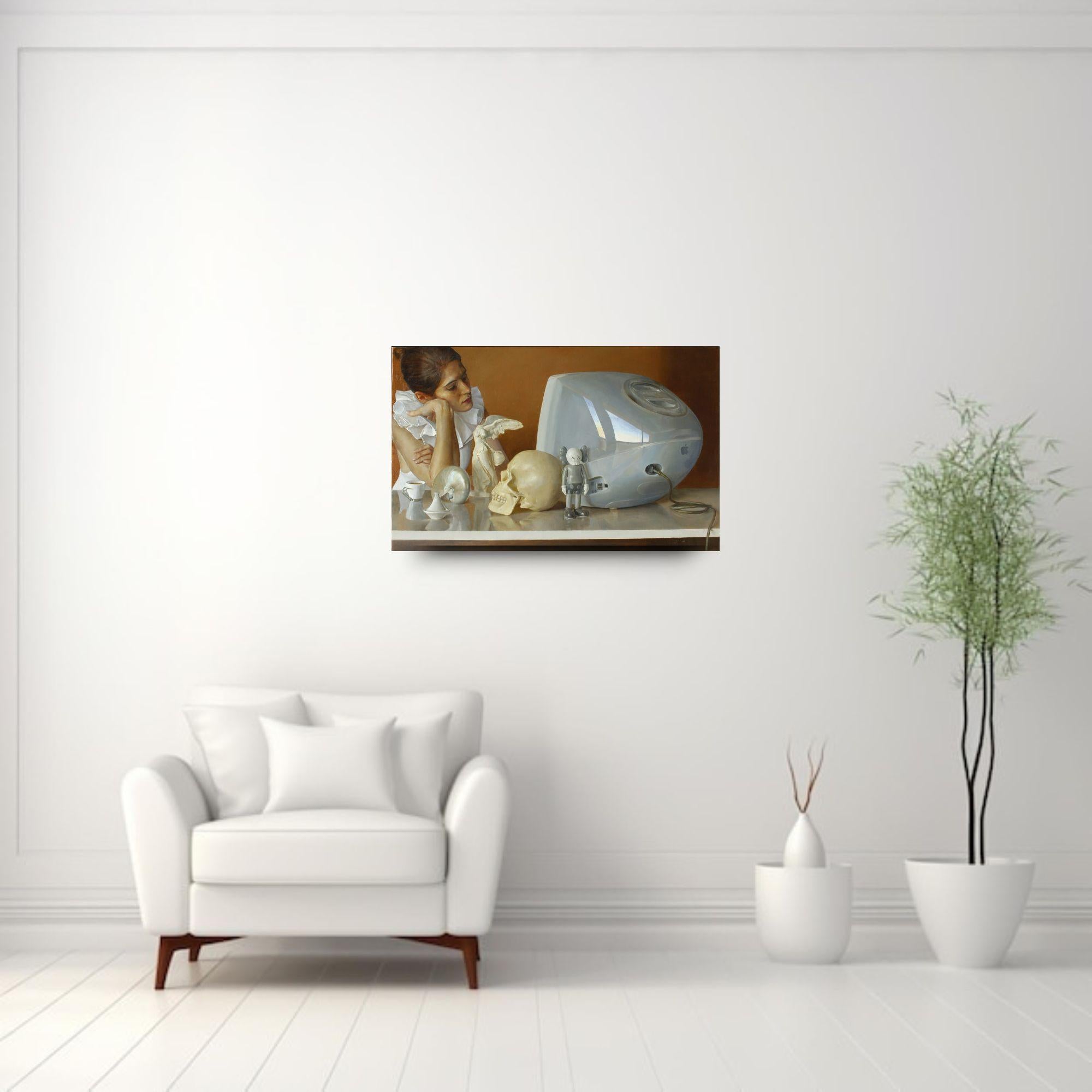 Girl with iMac, Skull and KAWS - original realist still life portraiture artwork - Painting by Andrew S. Conklin
