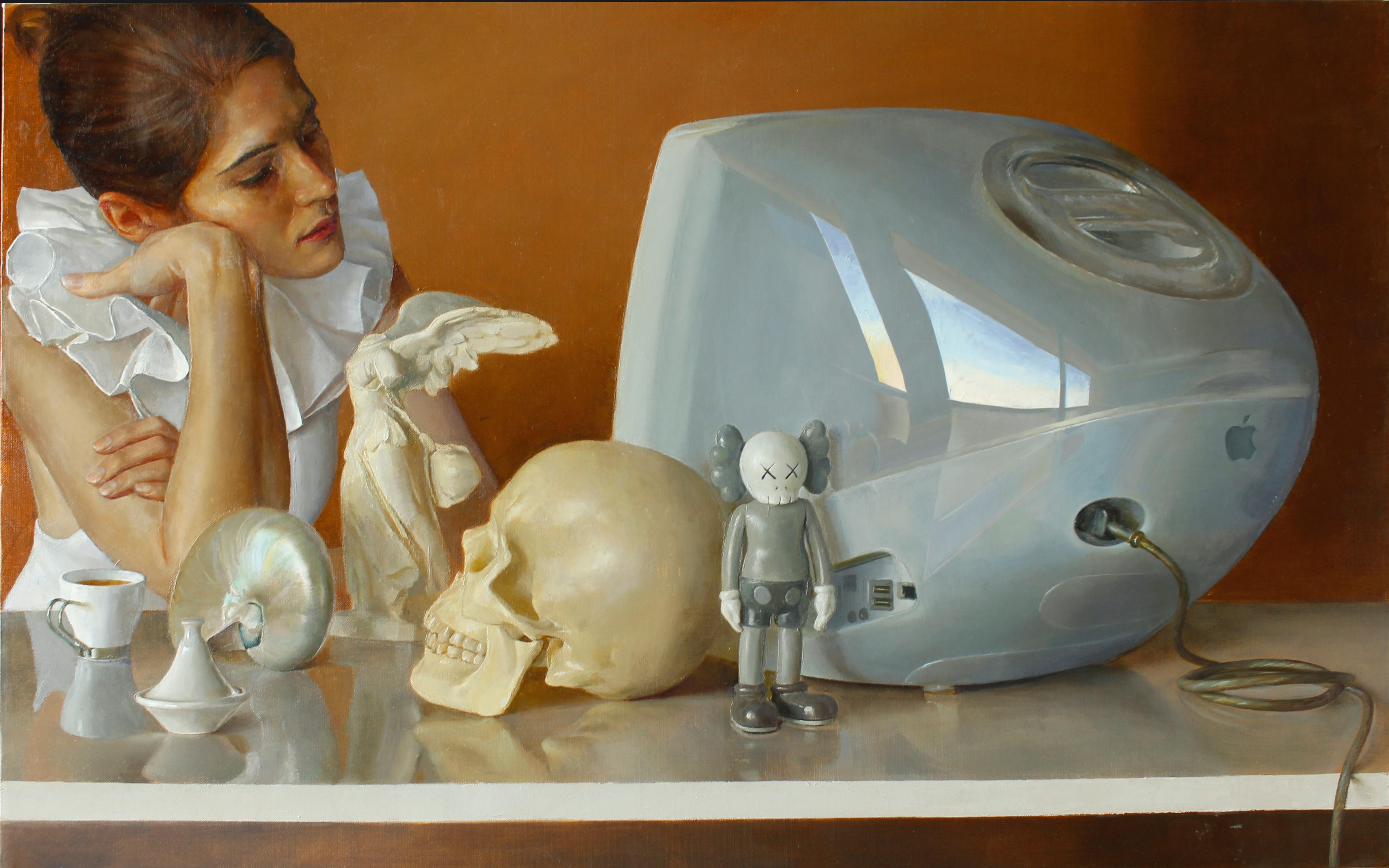 Jeune fille avec un Mac, un crâne et une KAWS - œuvre d'art originale de portrait de nature morte réaliste
