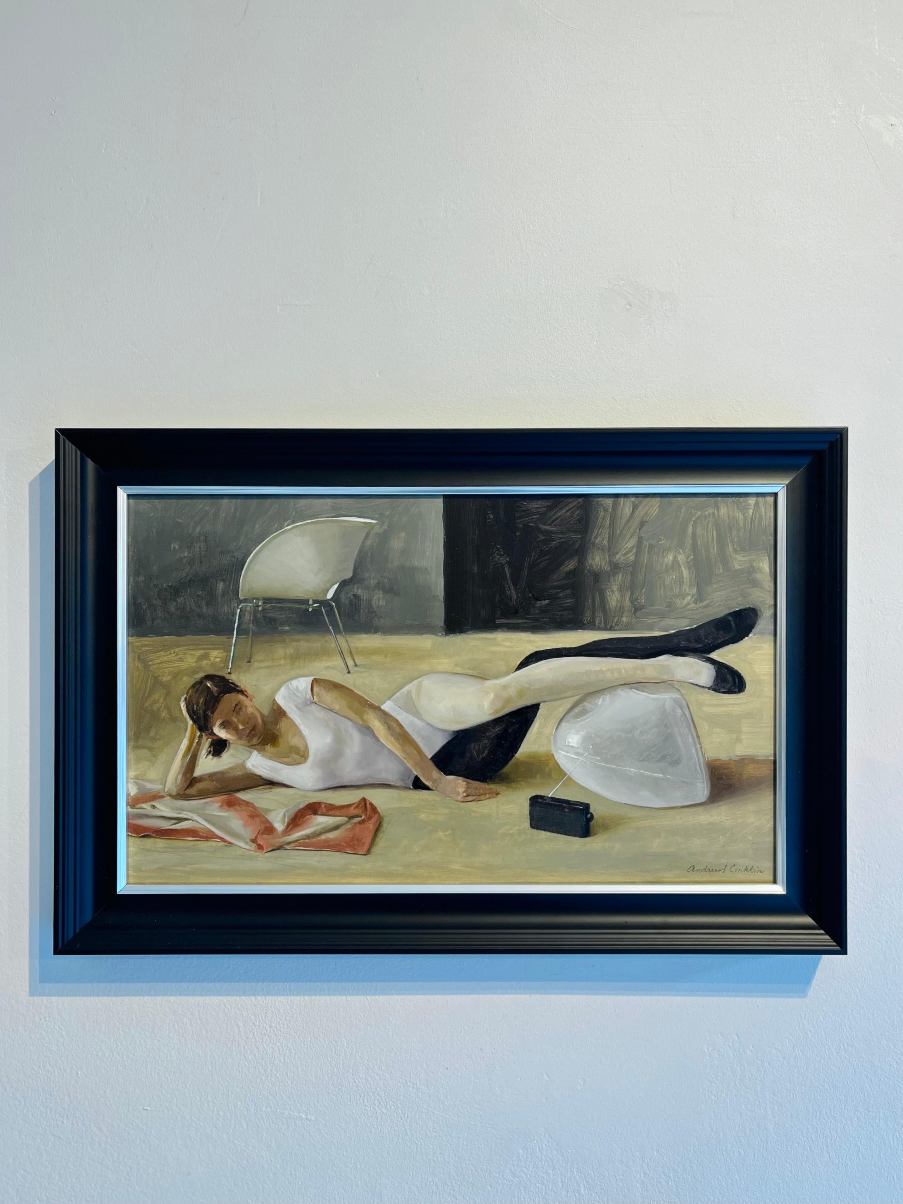 Katherine Reclining with iMac - original female realist still life portraiture - Painting by Andrew S. Conklin