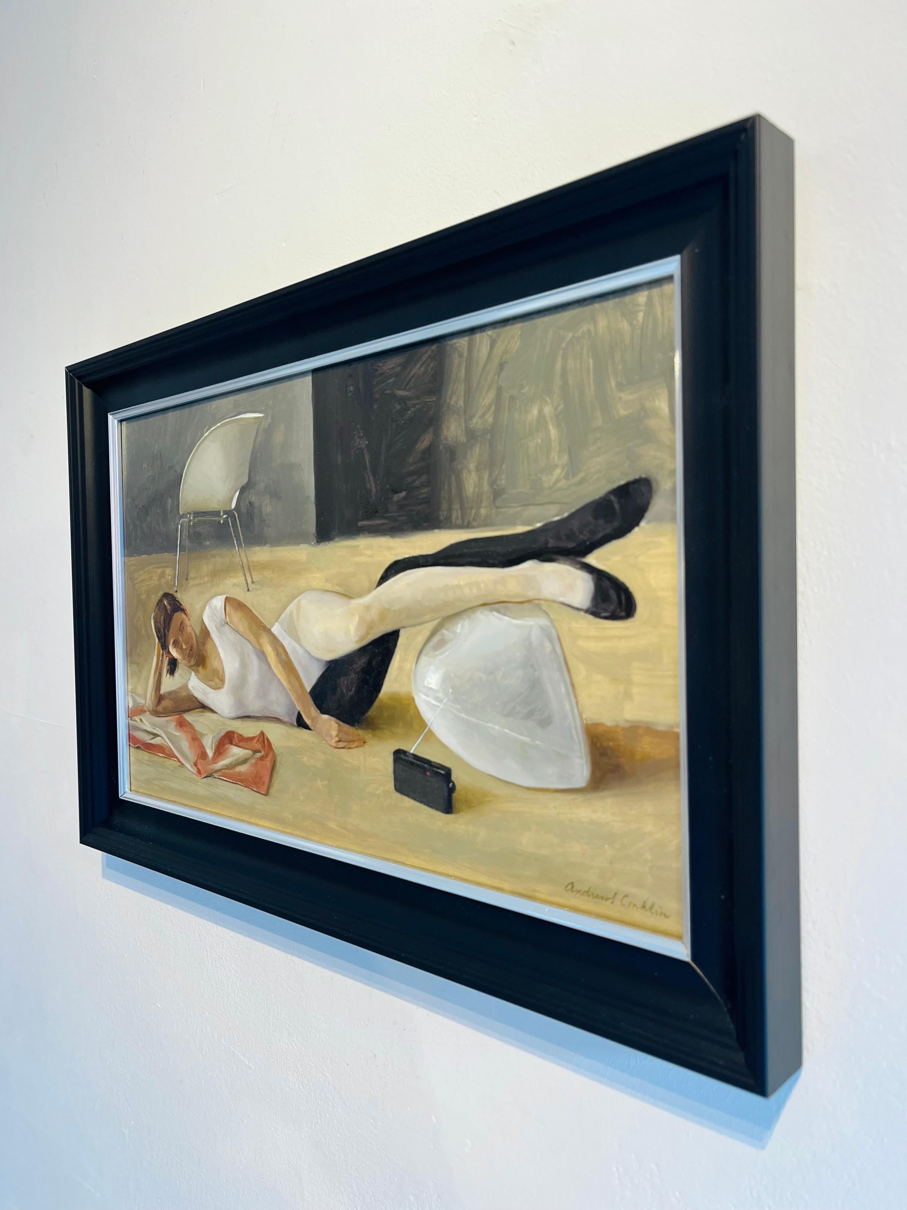 Katherine Reclining with iMac - original female realist still life portraiture - American Realist Painting by Andrew S. Conklin