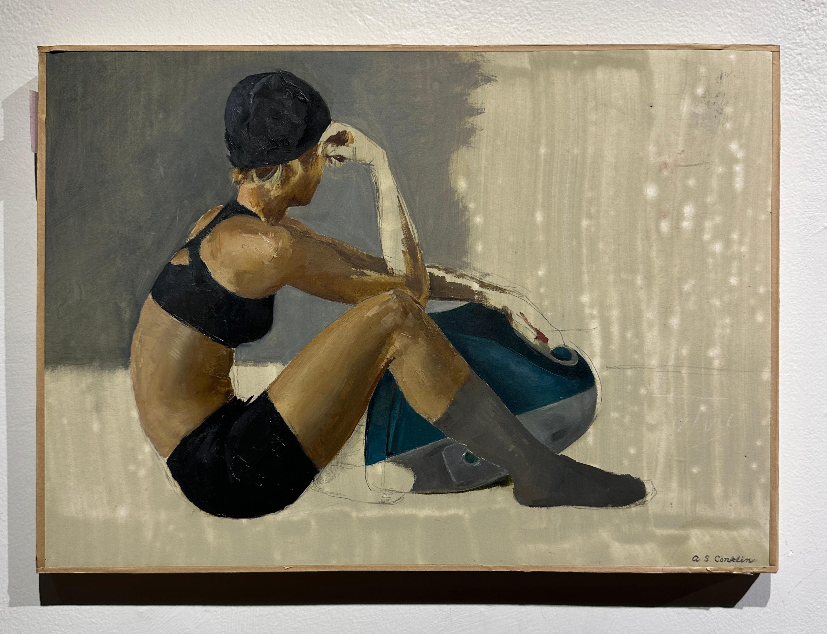 Kelsey assis, bras sur Mac - Peinture à l'huile originale, étude d'une danseuse - Painting de Andrew S. Conklin