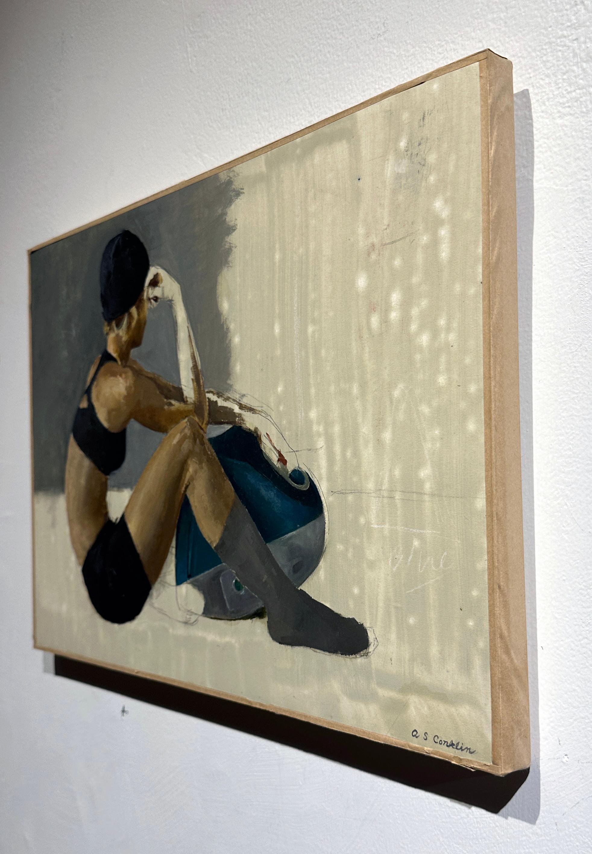 Kelsey assis, bras sur Mac - Peinture à l'huile originale, étude d'une danseuse - Contemporain Painting par Andrew S. Conklin