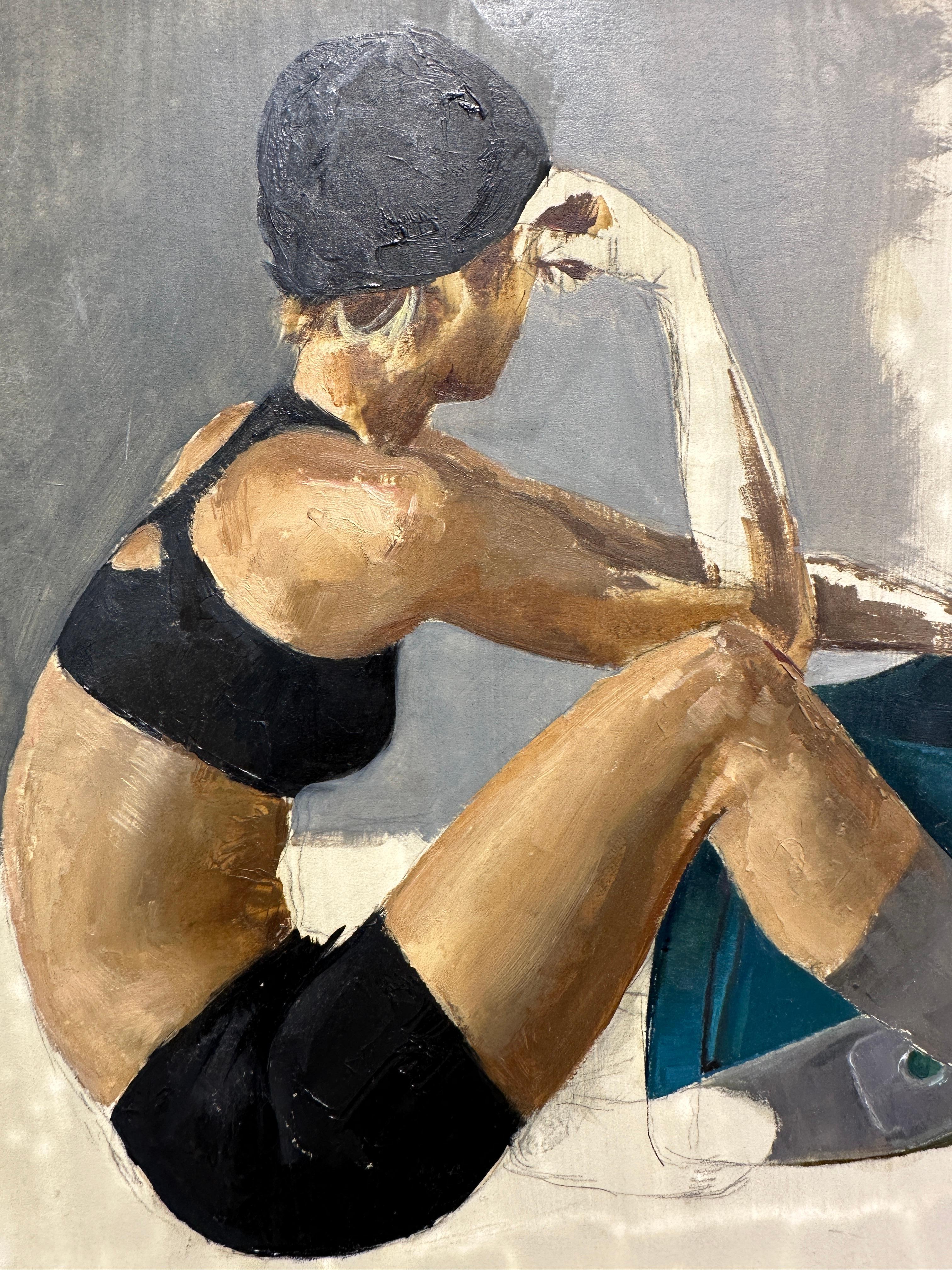 Kelsey assis, bras sur Mac - Peinture à l'huile originale, étude d'une danseuse en vente 2