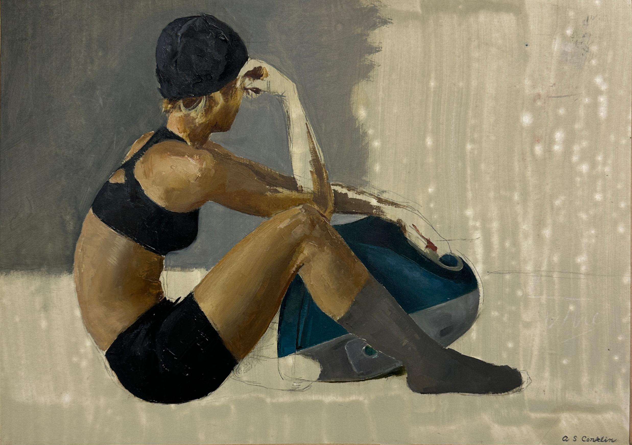 Andrew S. Conklin Figurative Painting - Kelsey Seated, Arm on Mac - Original Oil Painting, Study of a Dancer