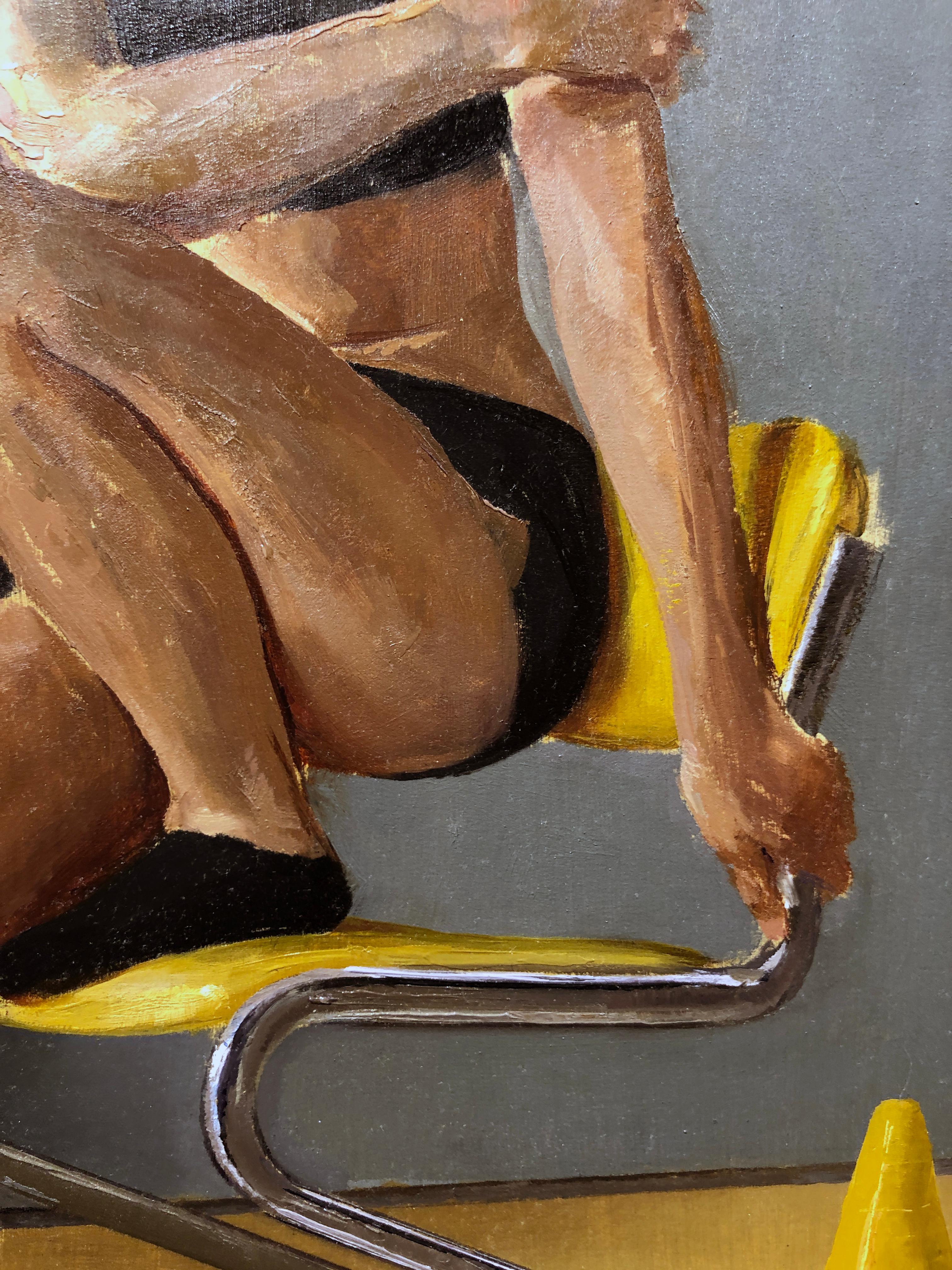 Maro on Chrome and Yellow Vinyl Modern Side Chair - Original Oil Painting For Sale 4