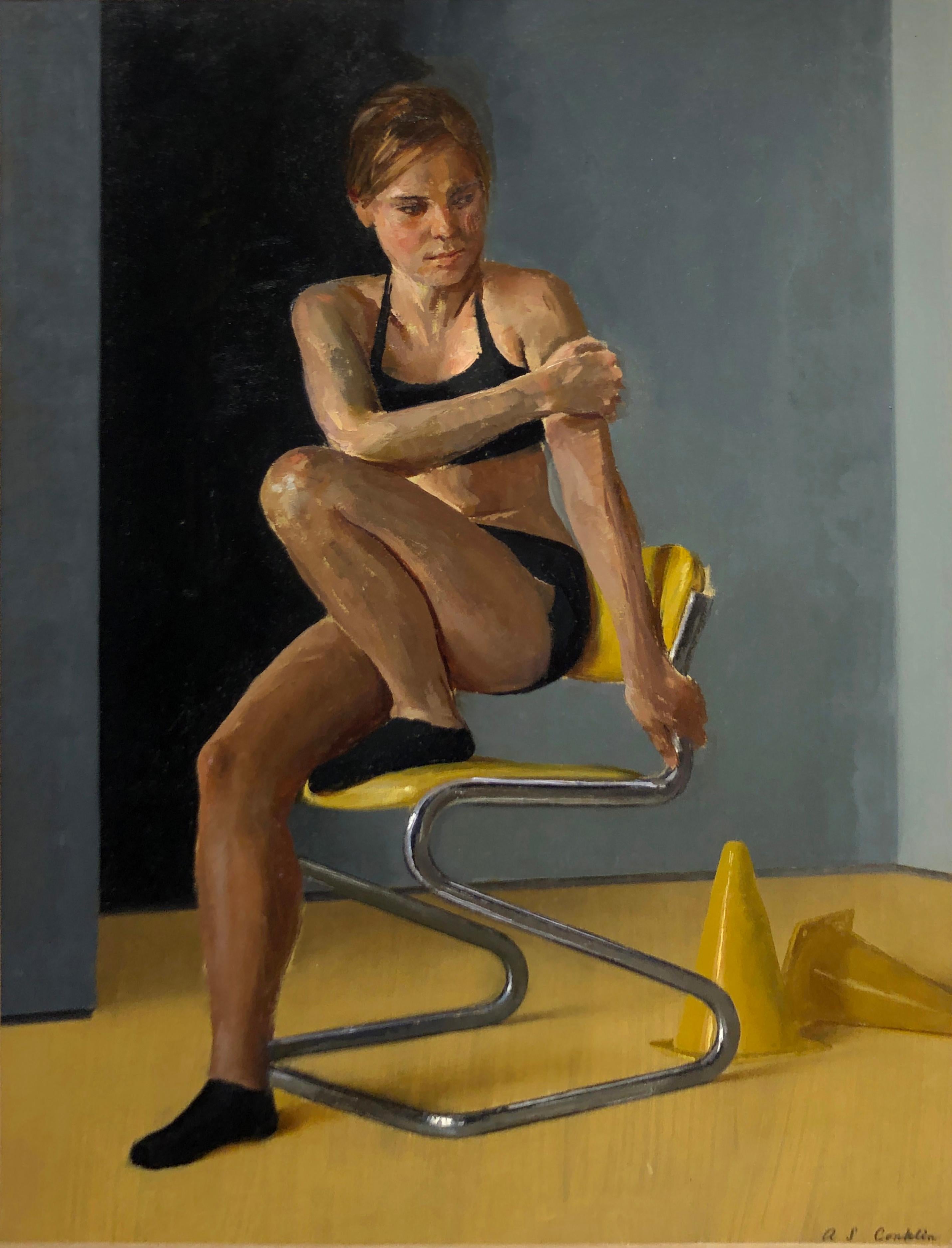 Andrew S. Conklin Nude Painting - Maro on Chrome and Yellow Vinyl Modern Side Chair - Original Oil Painting