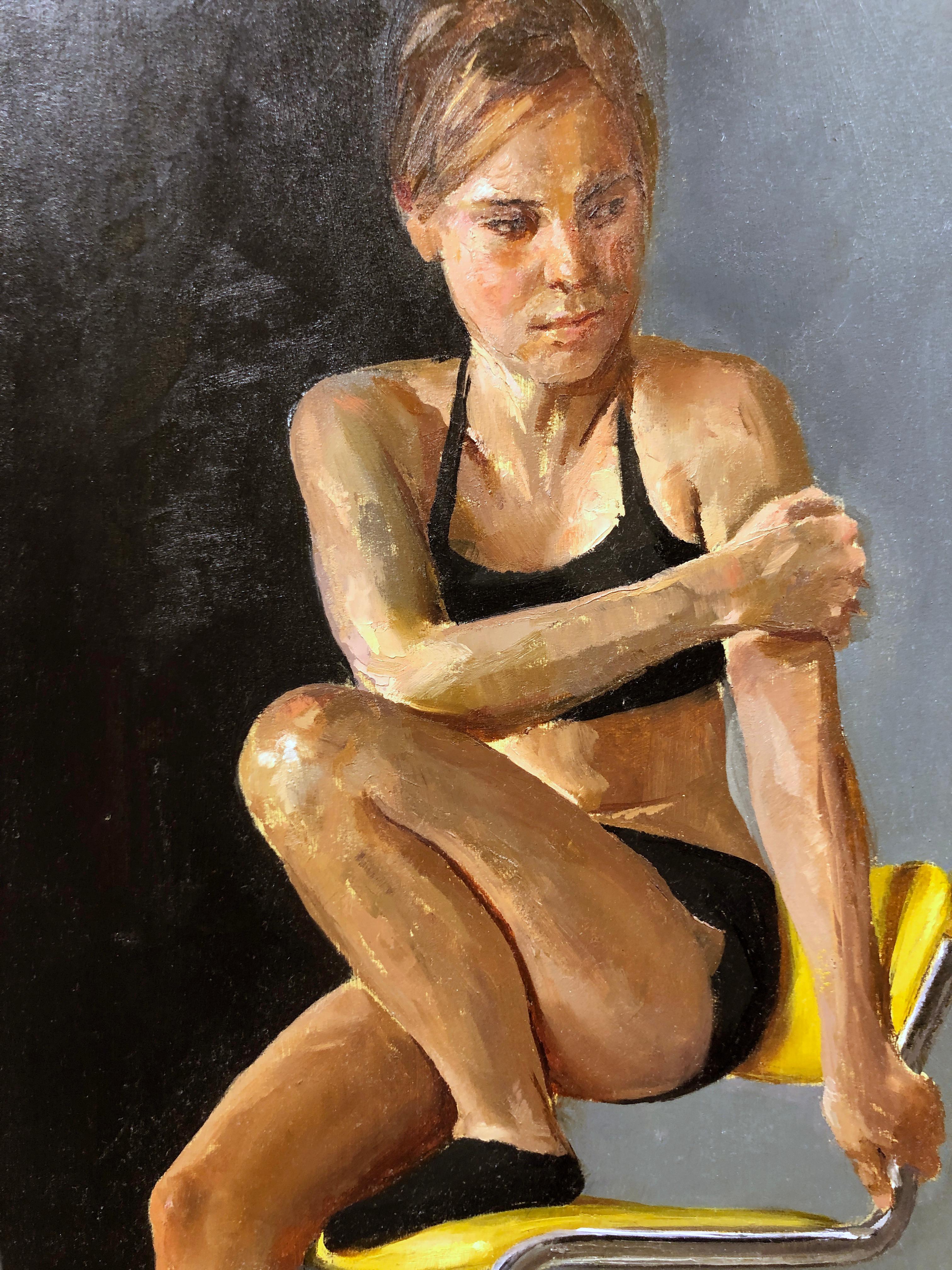 Maro en cromo y vinilo amarillo Silla auxiliar moderna - Pintura al óleo original en venta 2