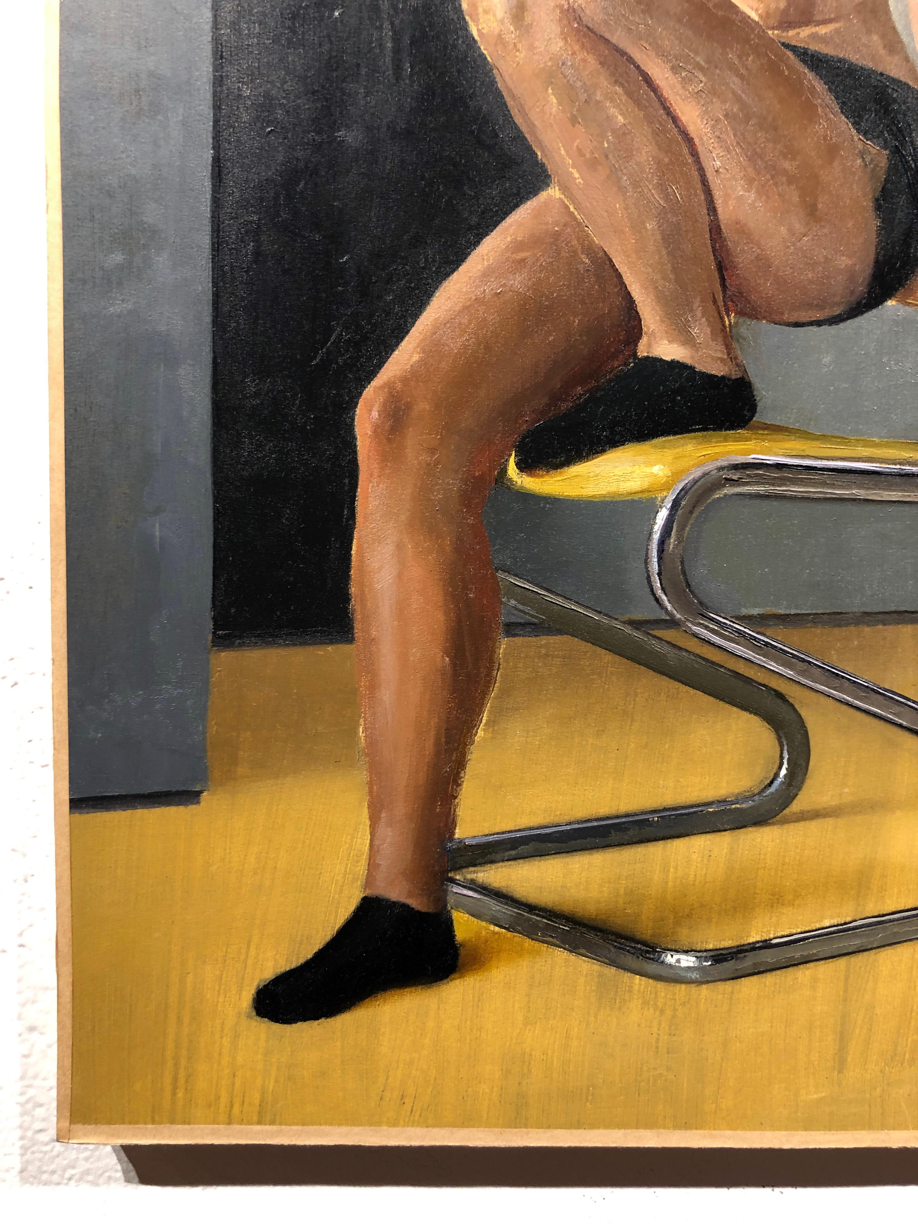 Maro en cromo y vinilo amarillo Silla auxiliar moderna - Pintura al óleo original en venta 3