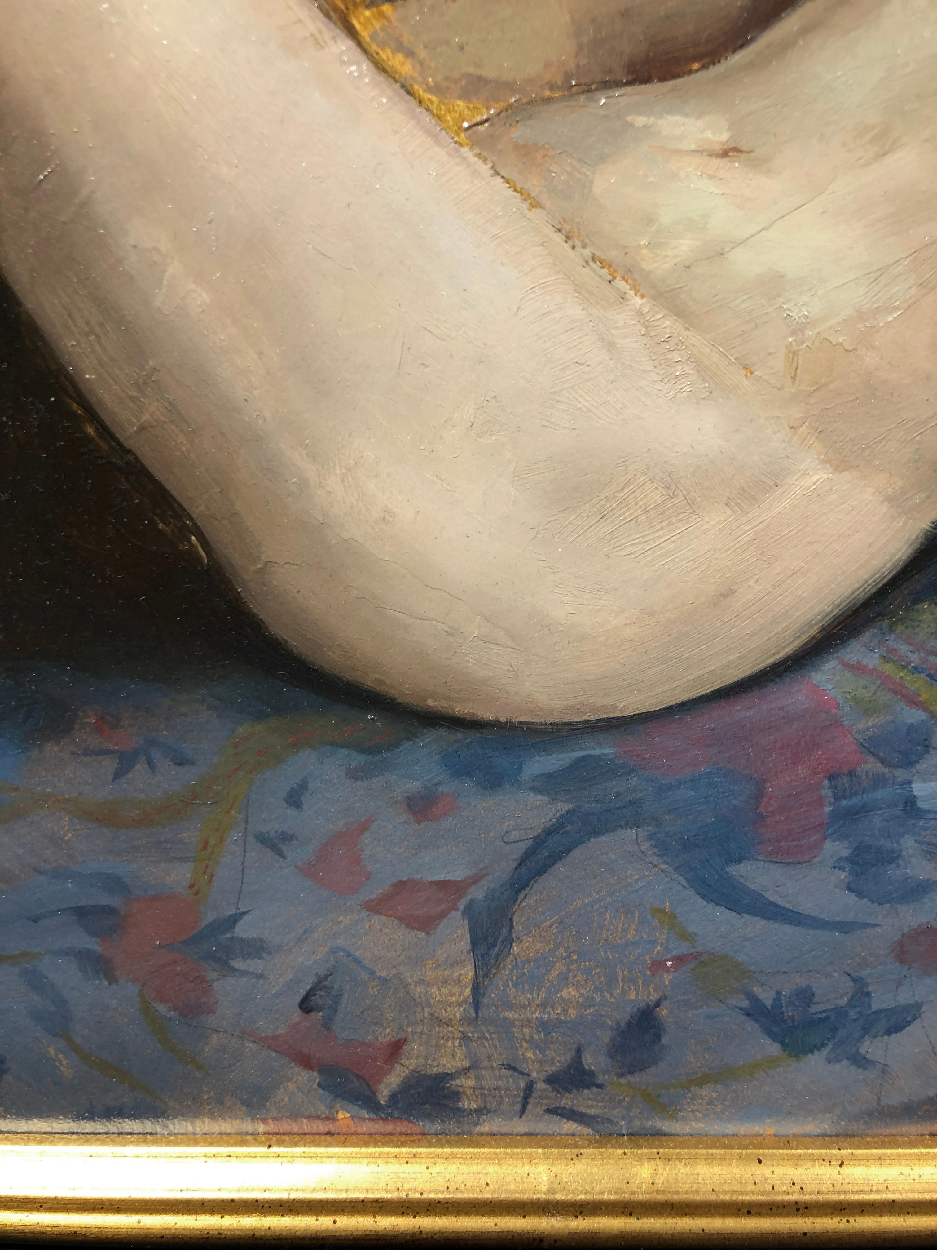 Maureen allongée - Peinture à l'huile originale, femme nue dans des slippers en vente 5