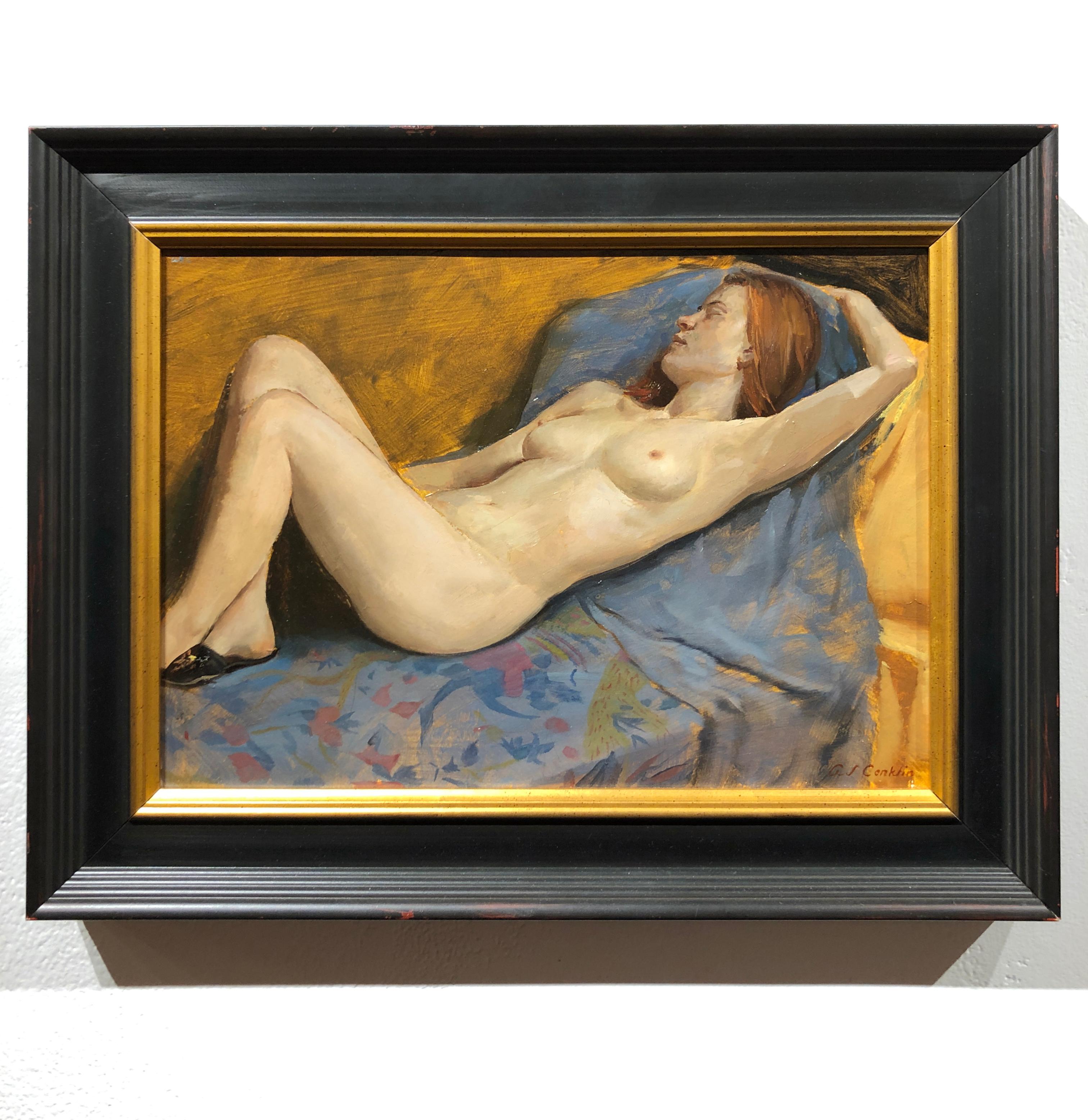 Maureen allongée - Peinture à l'huile originale, femme nue dans des slippers - Painting de Andrew S. Conklin