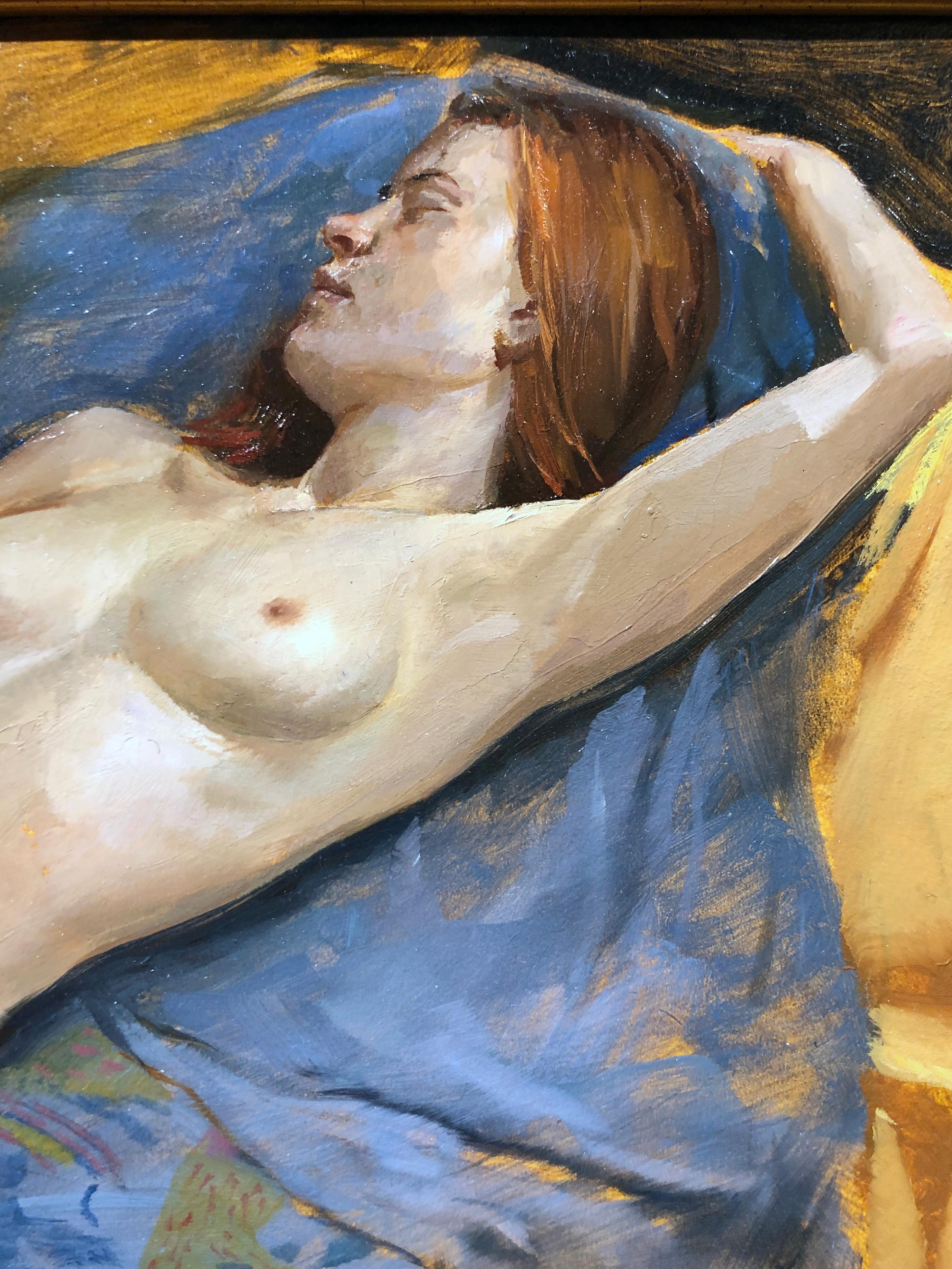 This classically painted nude model study demonstrates the artists understanding of the human figure.  Surrounded by loosely painted lush fabrics, the model lies in a reclining position, her eyes closed, wearing only a pair of slippers.  The quick,