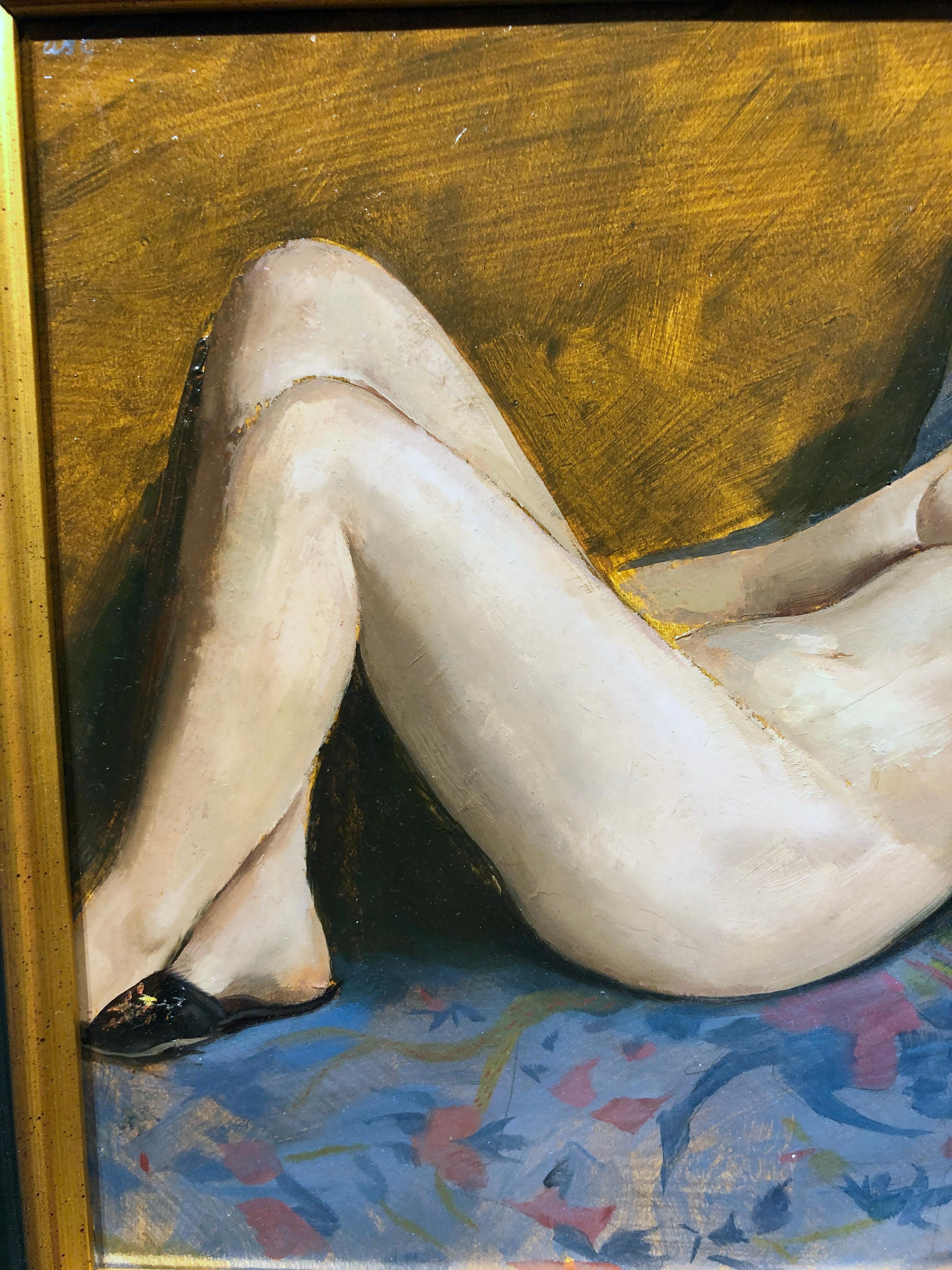 Maureen allongée - Peinture à l'huile originale, femme nue dans des slippers en vente 2