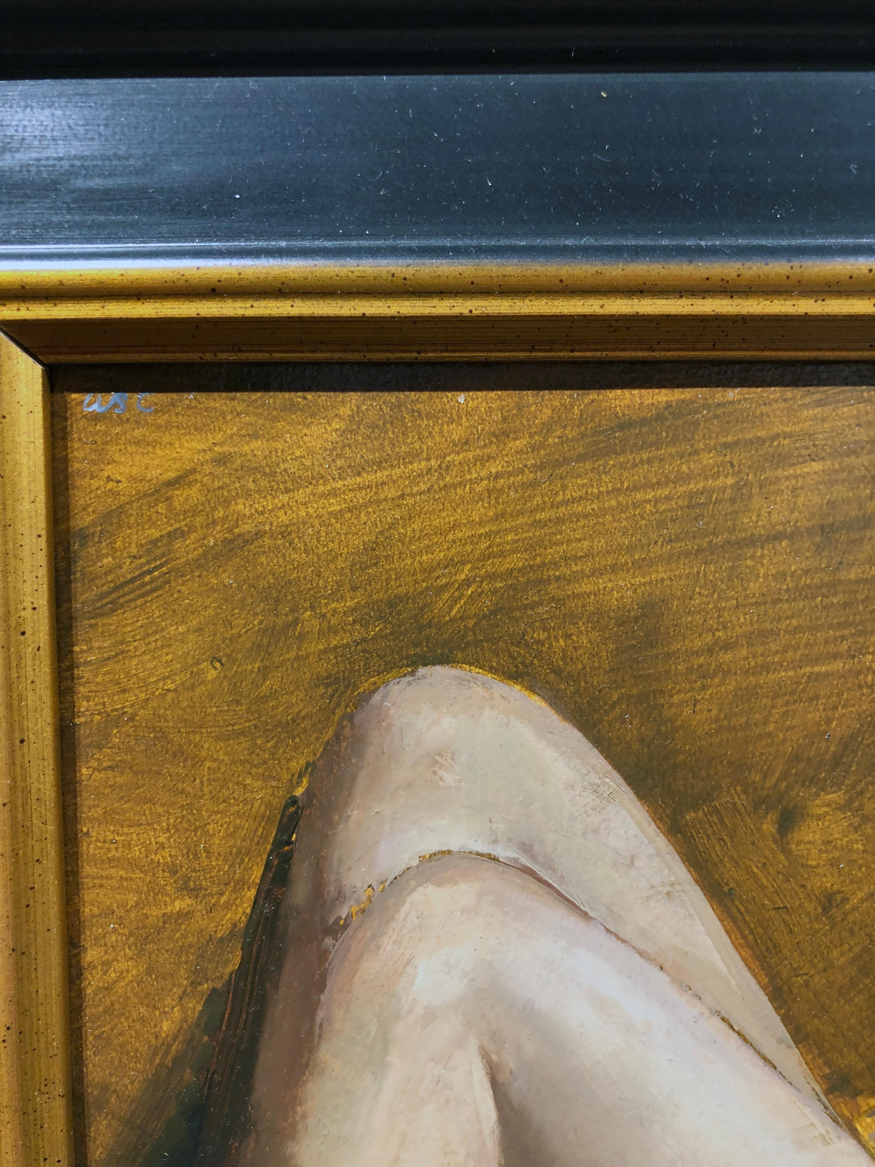 Maureen reclinata - Pittura ad olio originale, nudo femminile in pantofole, tessuti lussureggianti in vendita 3