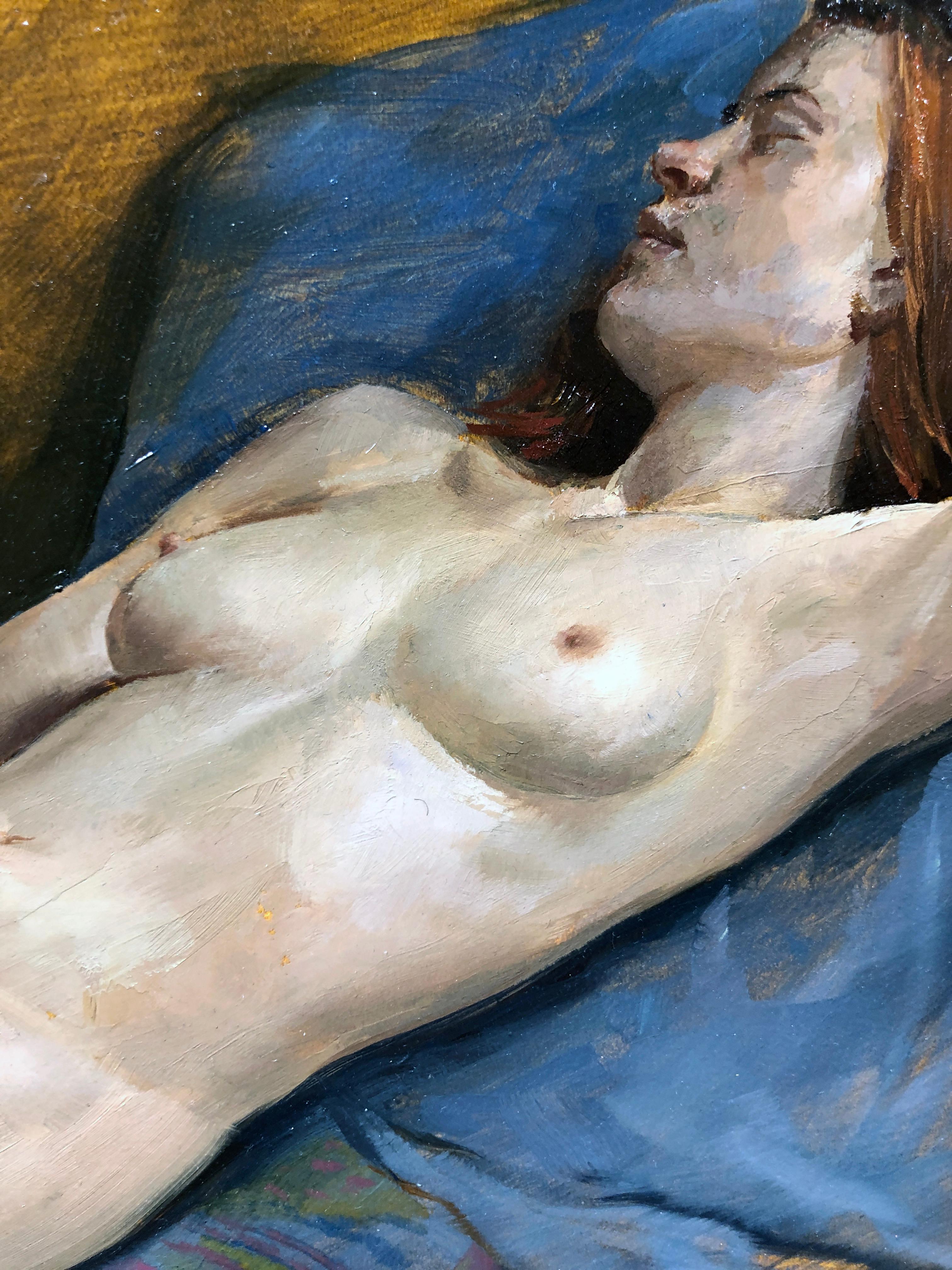 Maureen Reclining - Original Oil Painting, Nude Female in Slippers, Lush Fabrics For Sale 3