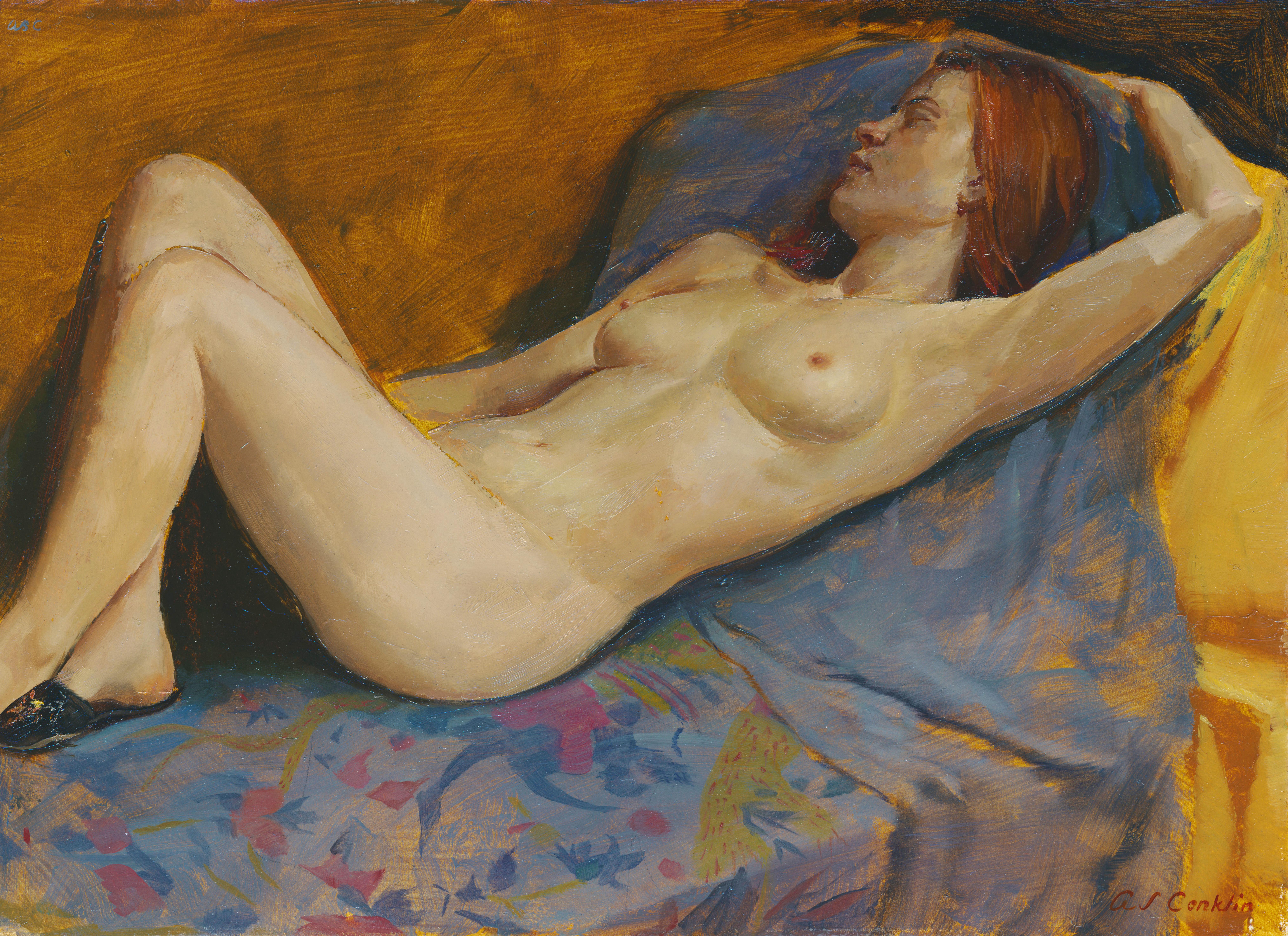 Nude Painting di Andrew S. Conklin - Maureen reclinata - Pittura ad olio originale, nudo femminile in pantofole, tessuti lussureggianti