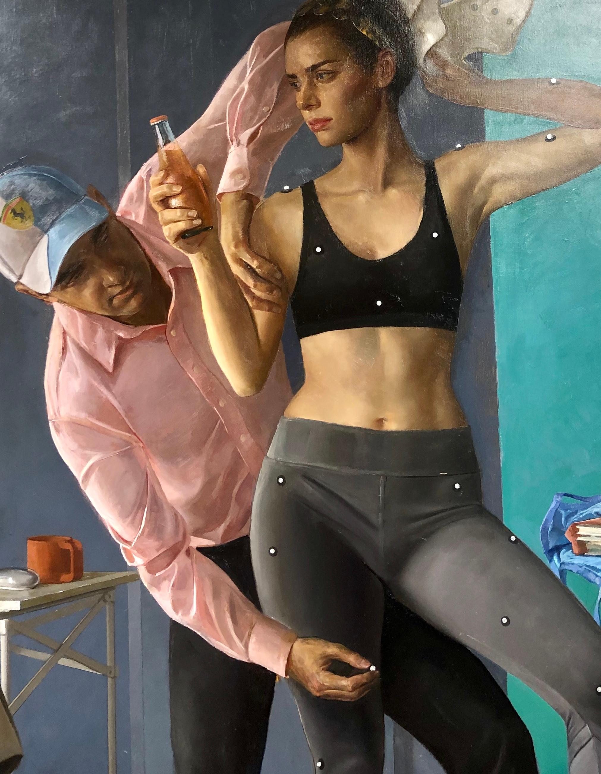 Motion Capture Studio 9, Scene Depicting Female Dancers, Male Computer Techs - Painting by Andrew S. Conklin