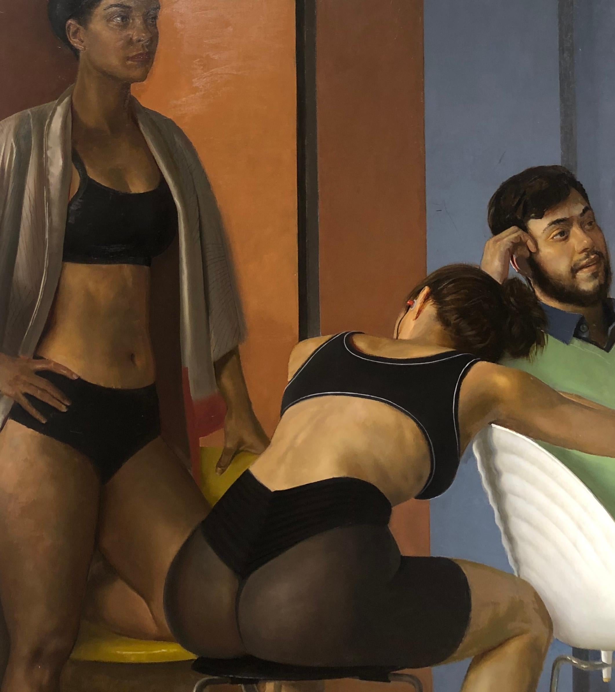 Motion Capture Studio 9, Scene Depicting Female Dancers, Male Computer Techs - Contemporary Painting by Andrew S. Conklin