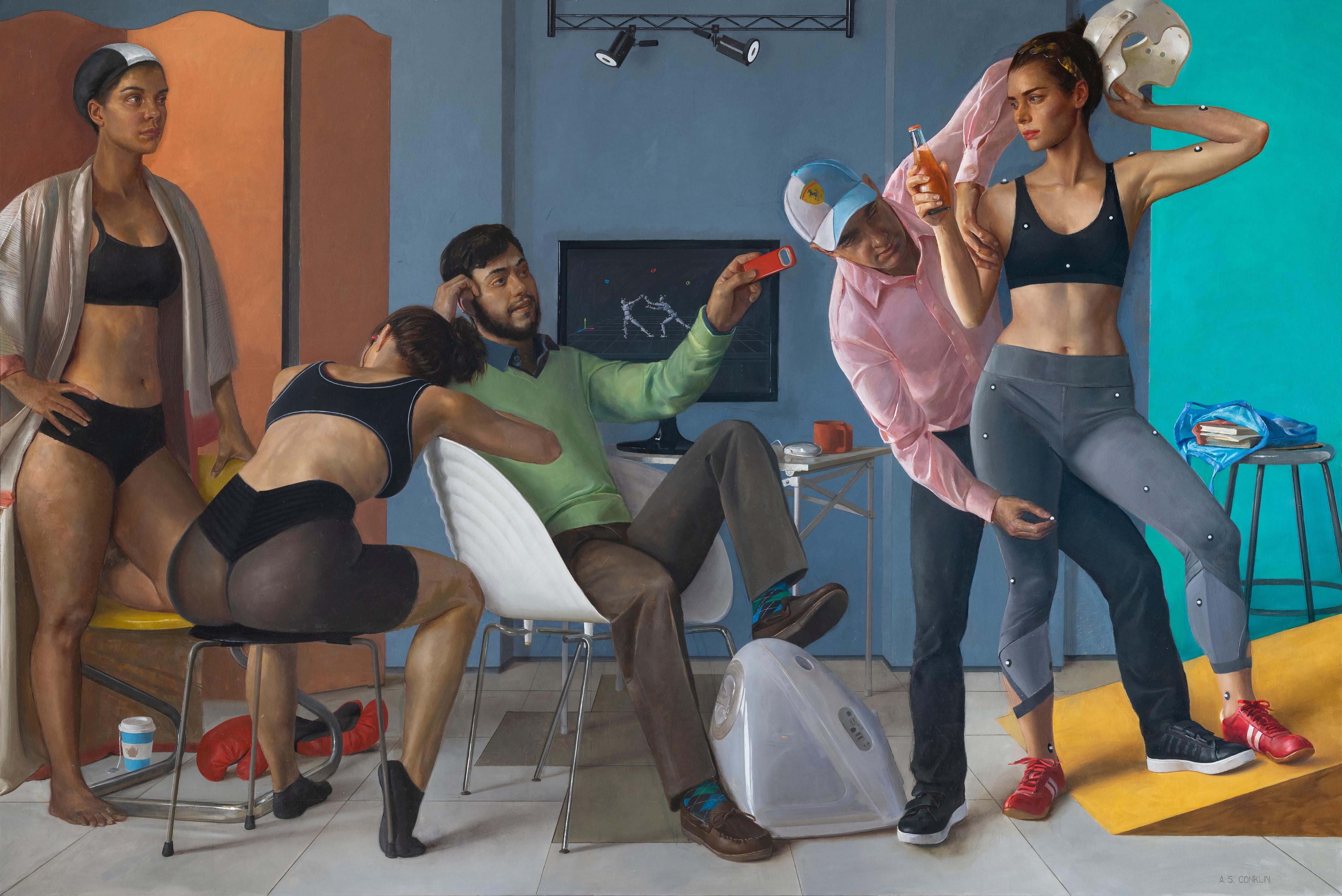 Figurative Painting Andrew S. Conklin - Capture de mouvement Studio 9, scène représentant des danseuses féminines, Techniques informatiques masculines