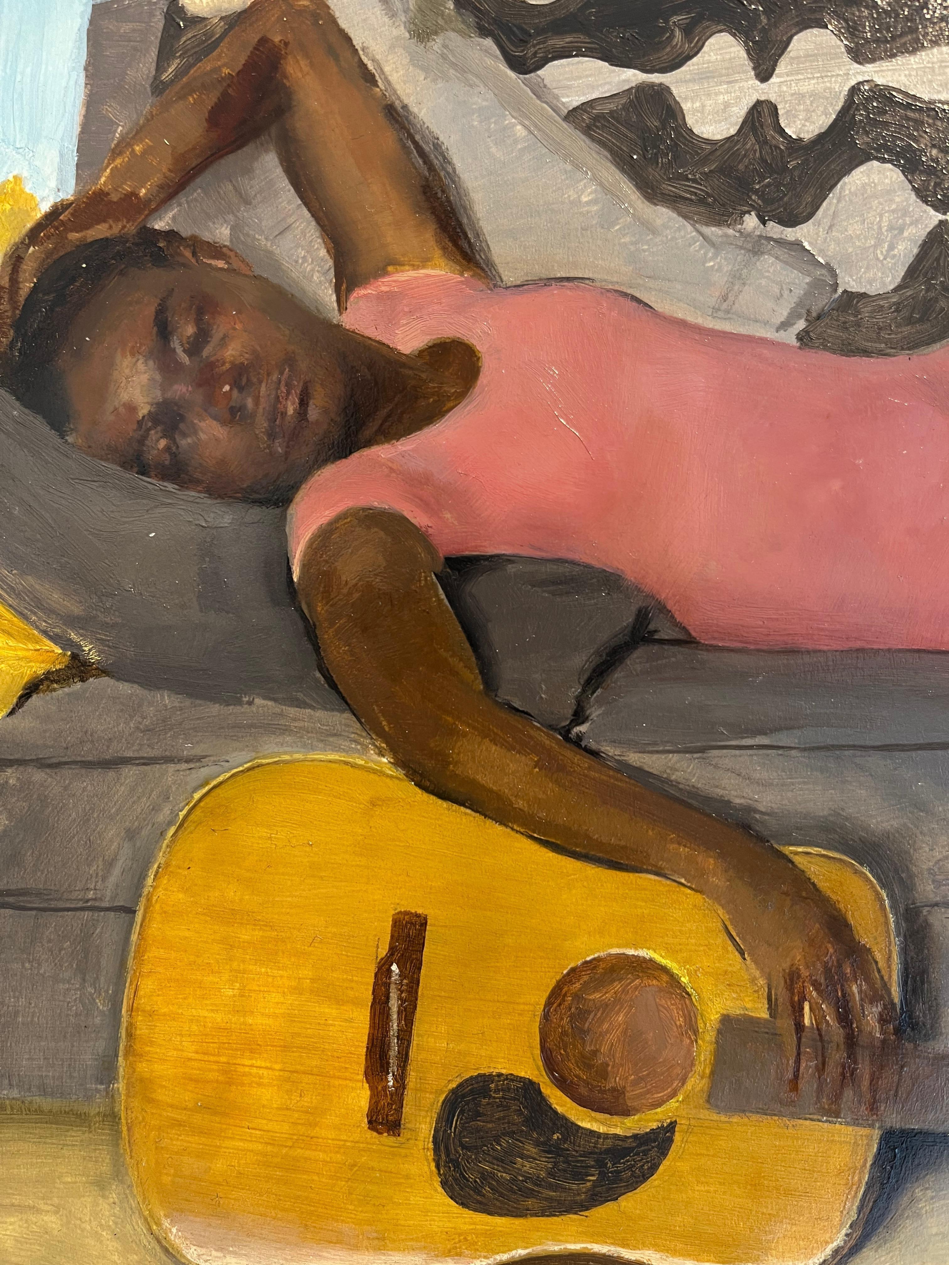Nina Liegesessel mit Gitarre – originales weibliches realistisches Stillleben, Öl (Braun), Portrait Painting, von Andrew S. Conklin