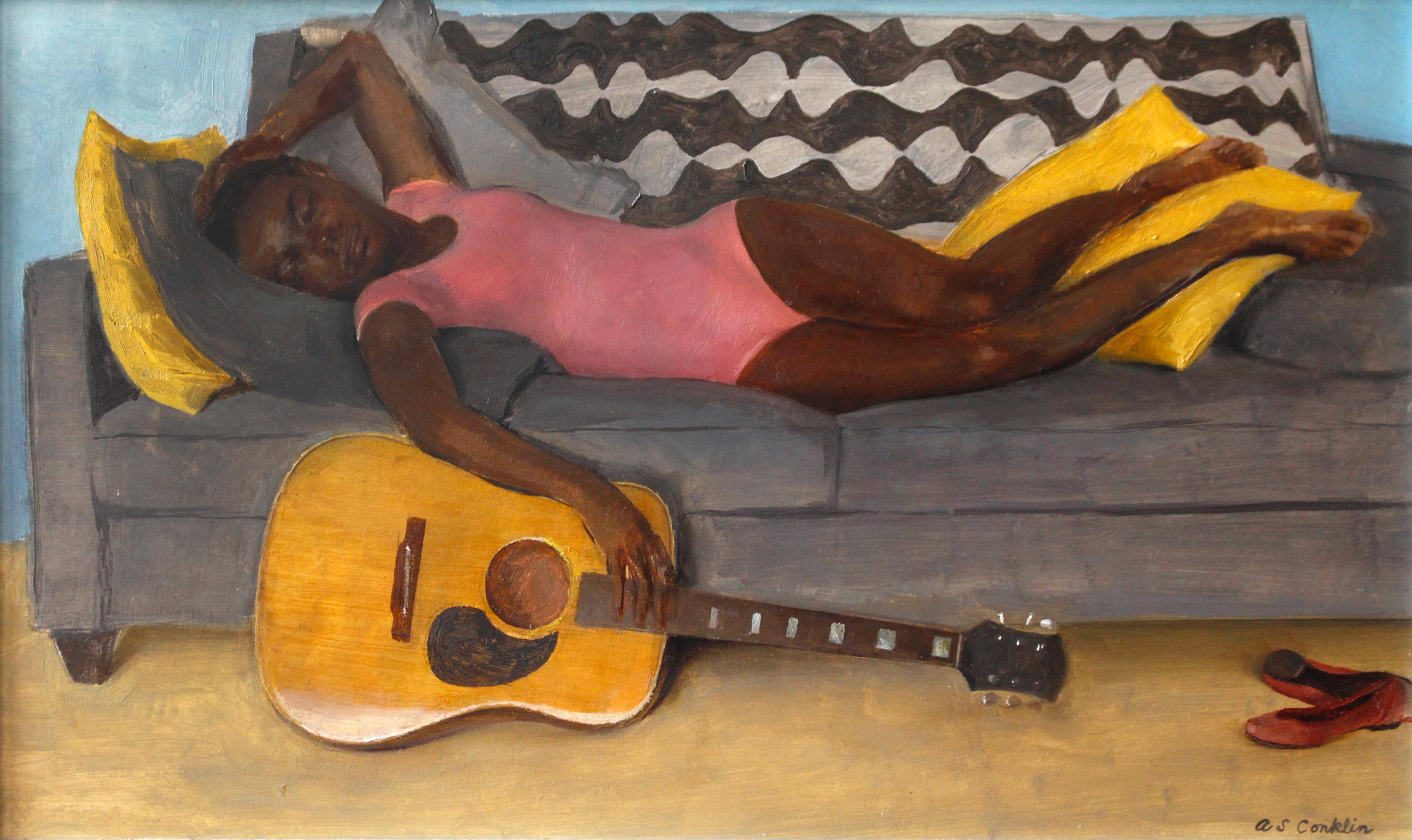 Portrait Painting Andrew S. Conklin - Nina couchée à la guitare - portrait à l'huile original d'une nature morte réaliste féminine
