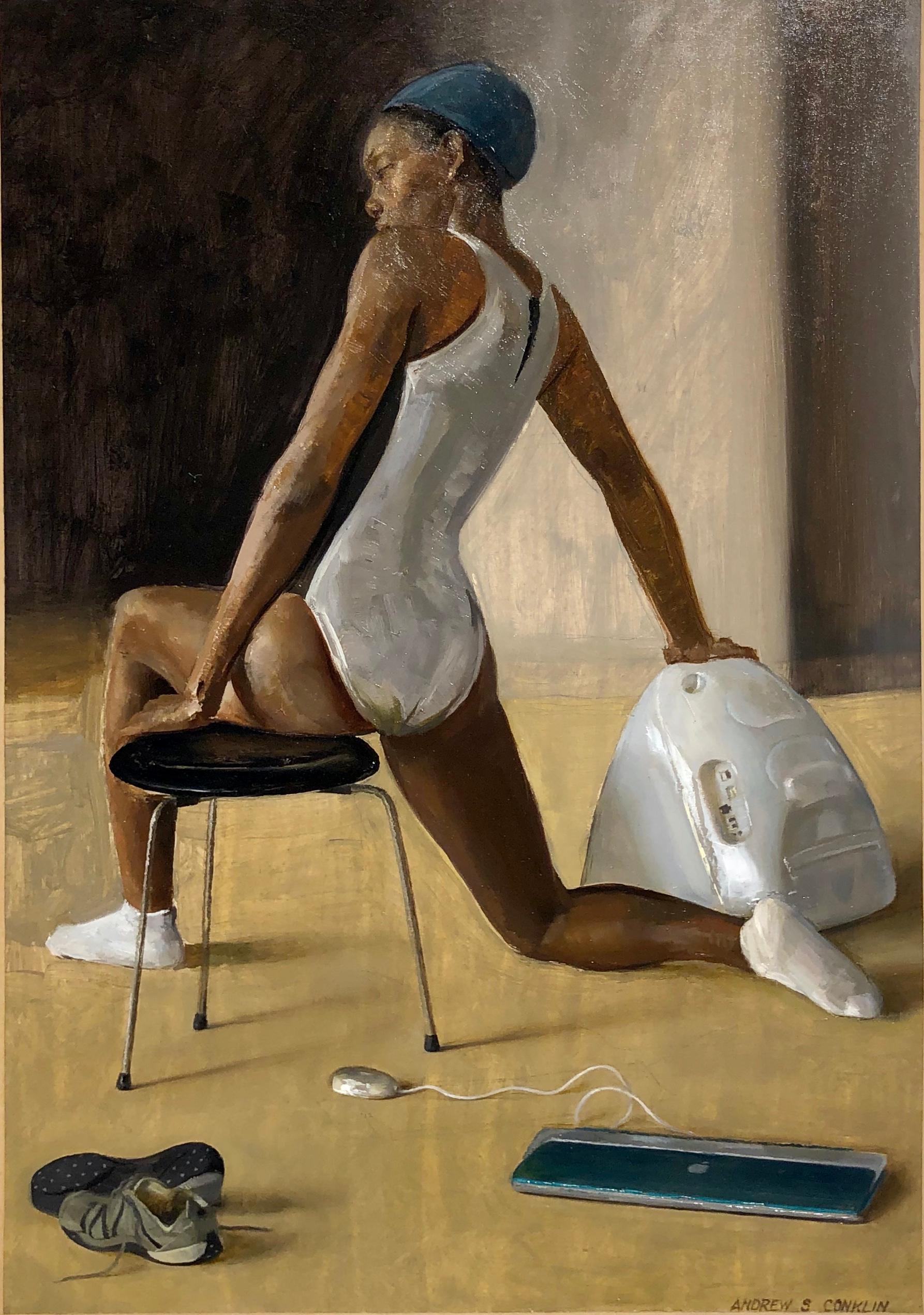 Andrew S. Conklin Nude Painting - Nina with iMac Snow, Female Dancer Stretching on Chair with Bended Knee