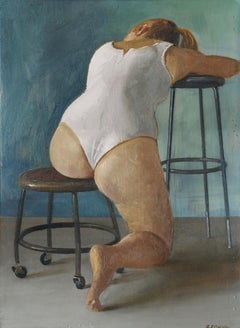 Paige Seated in White Leotard - Original Oil Painting Study with Female on Stool
