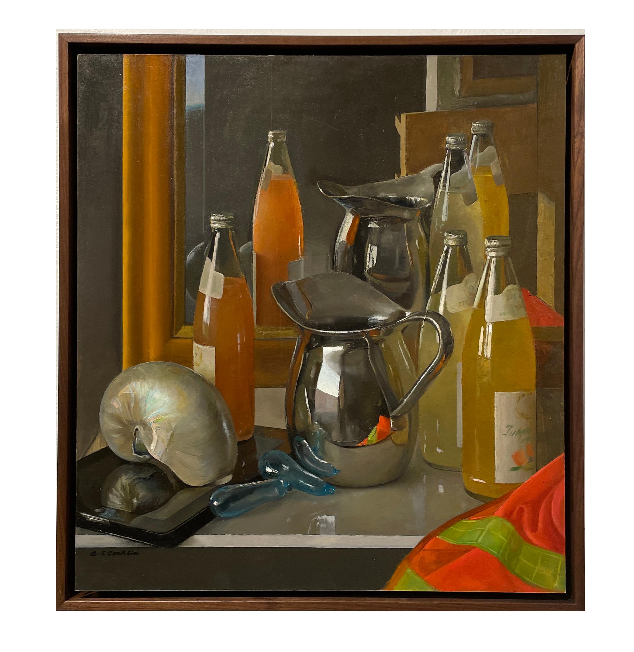 Reflections - Still Life with Silver Vase, Nautilus Shell & Italian Soda Bottles - Painting by Andrew S. Conklin