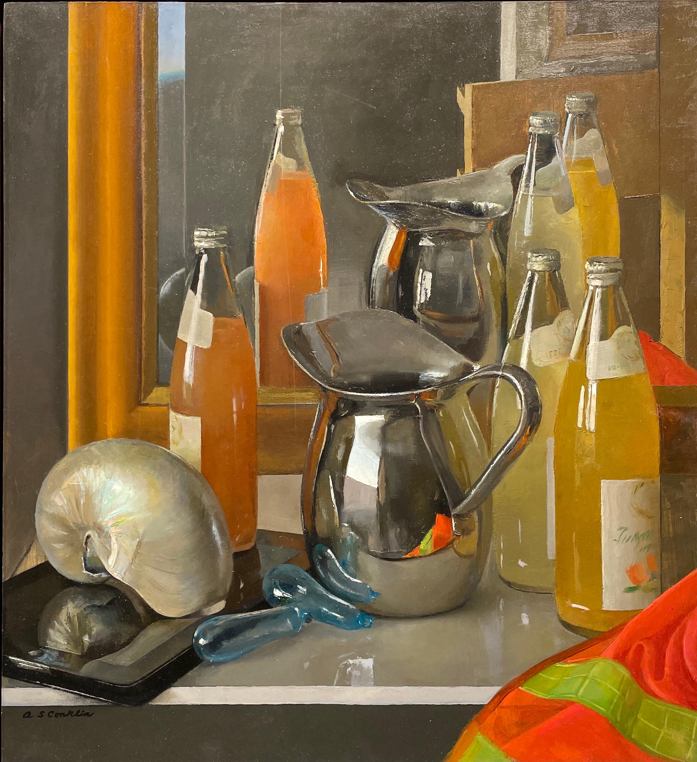 Reflections - Still Life with Silver Vase, Nautilus Shell & Italian Soda Bottles