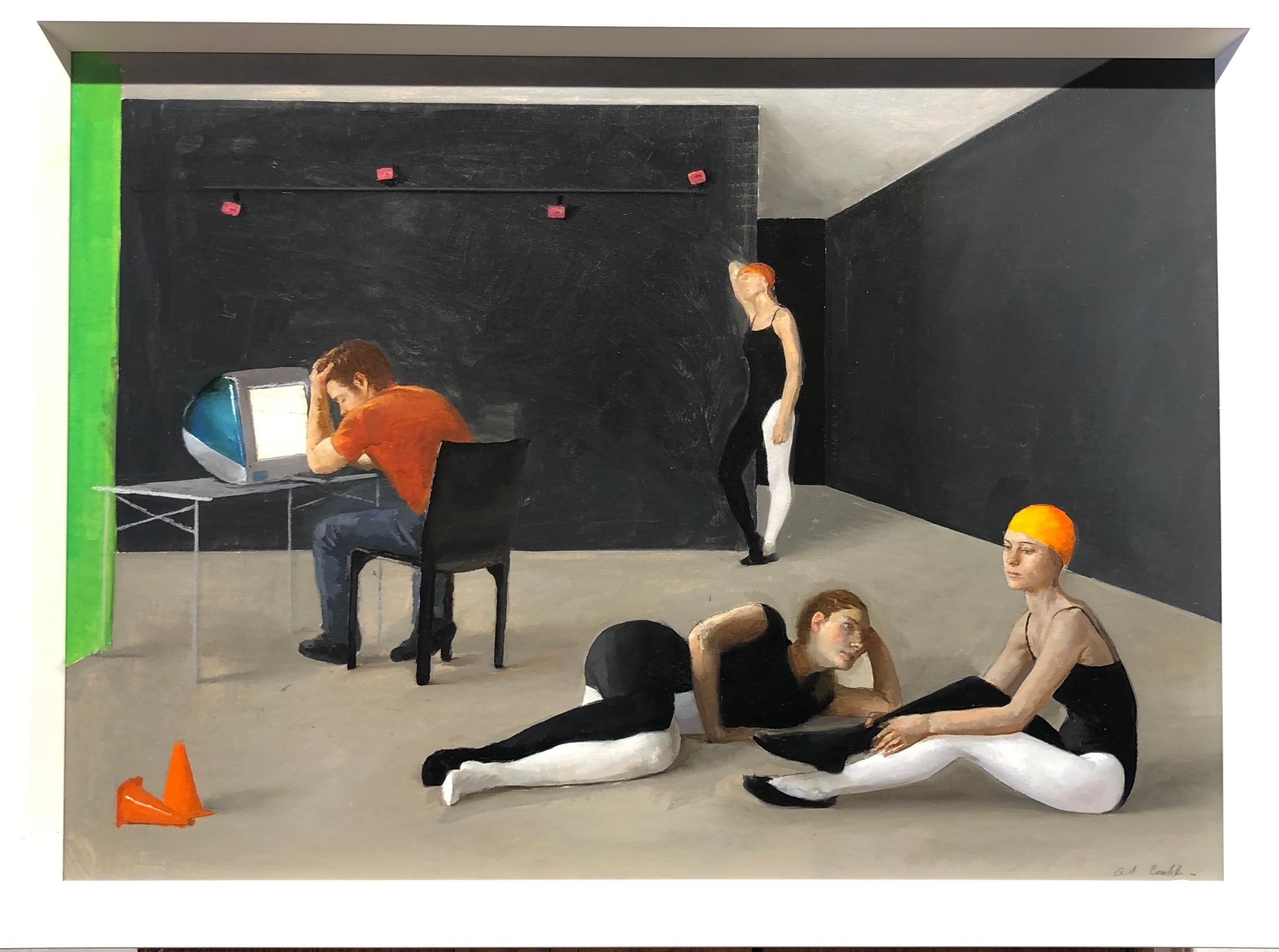 Small Motion Capture Studio, Three Female Dancers Awaiting Instruction, Framed - Painting by Andrew S. Conklin