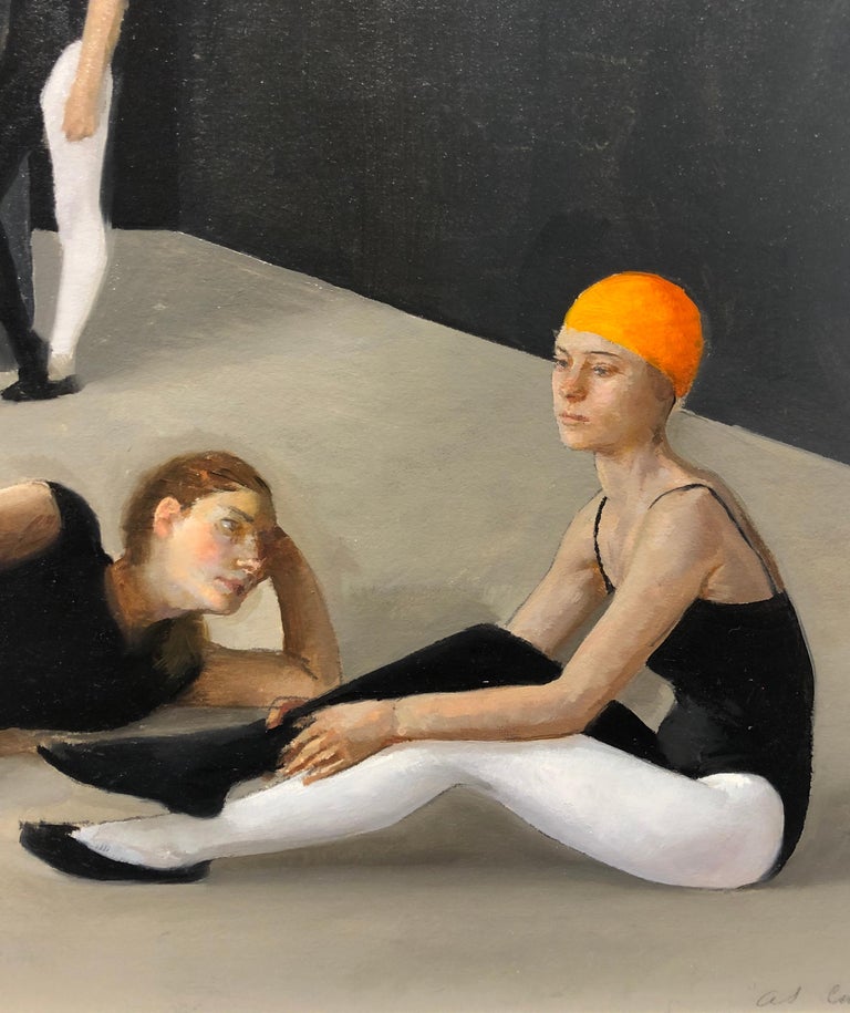 Small Motion Capture Studio, Three Female Dancers Awaiting Instruction, Framed - Contemporary Painting by Andrew S. Conklin