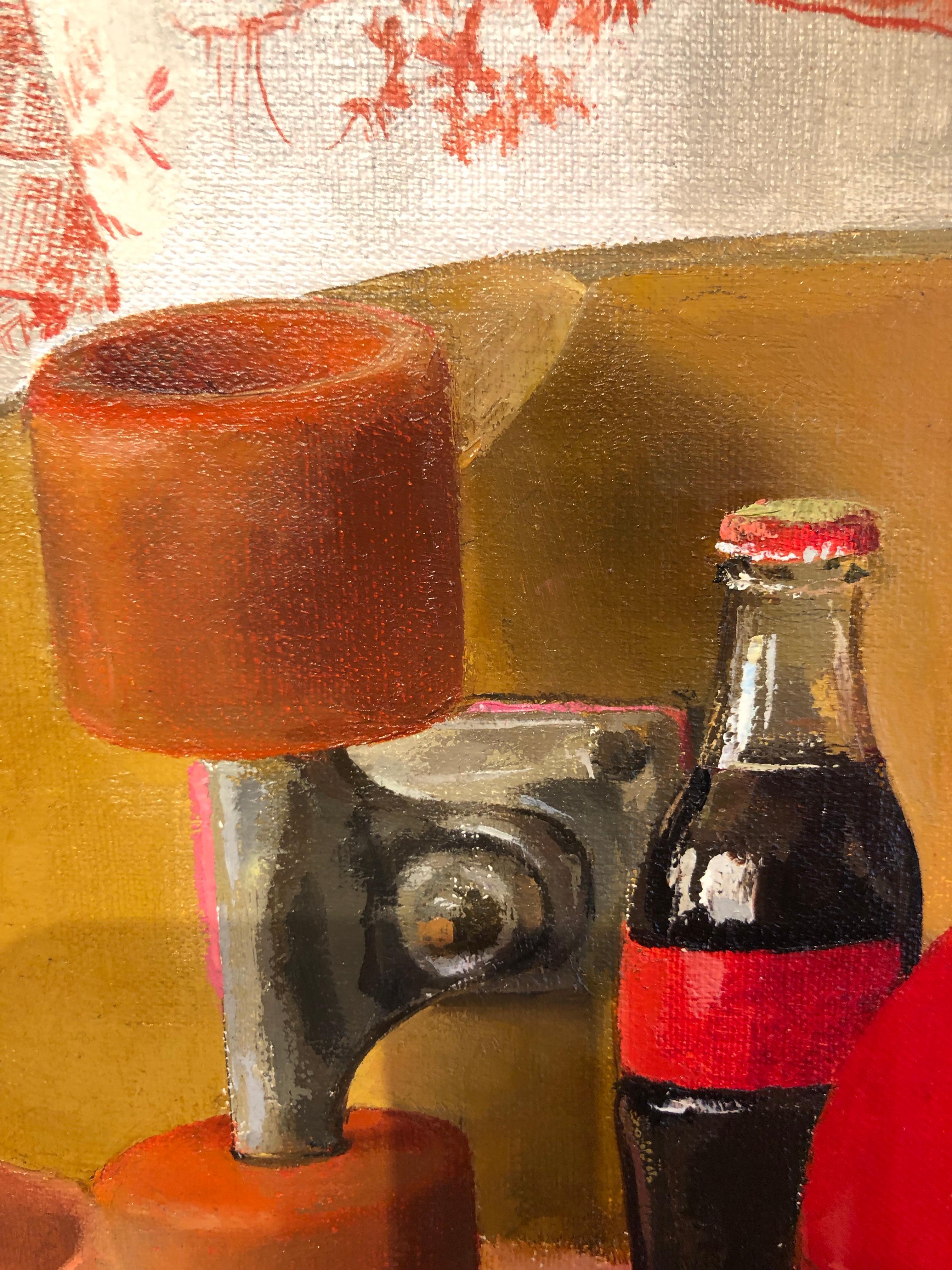 Square Red Still Life - Original Oil Painting with Skateboard and Mixed Objects 5