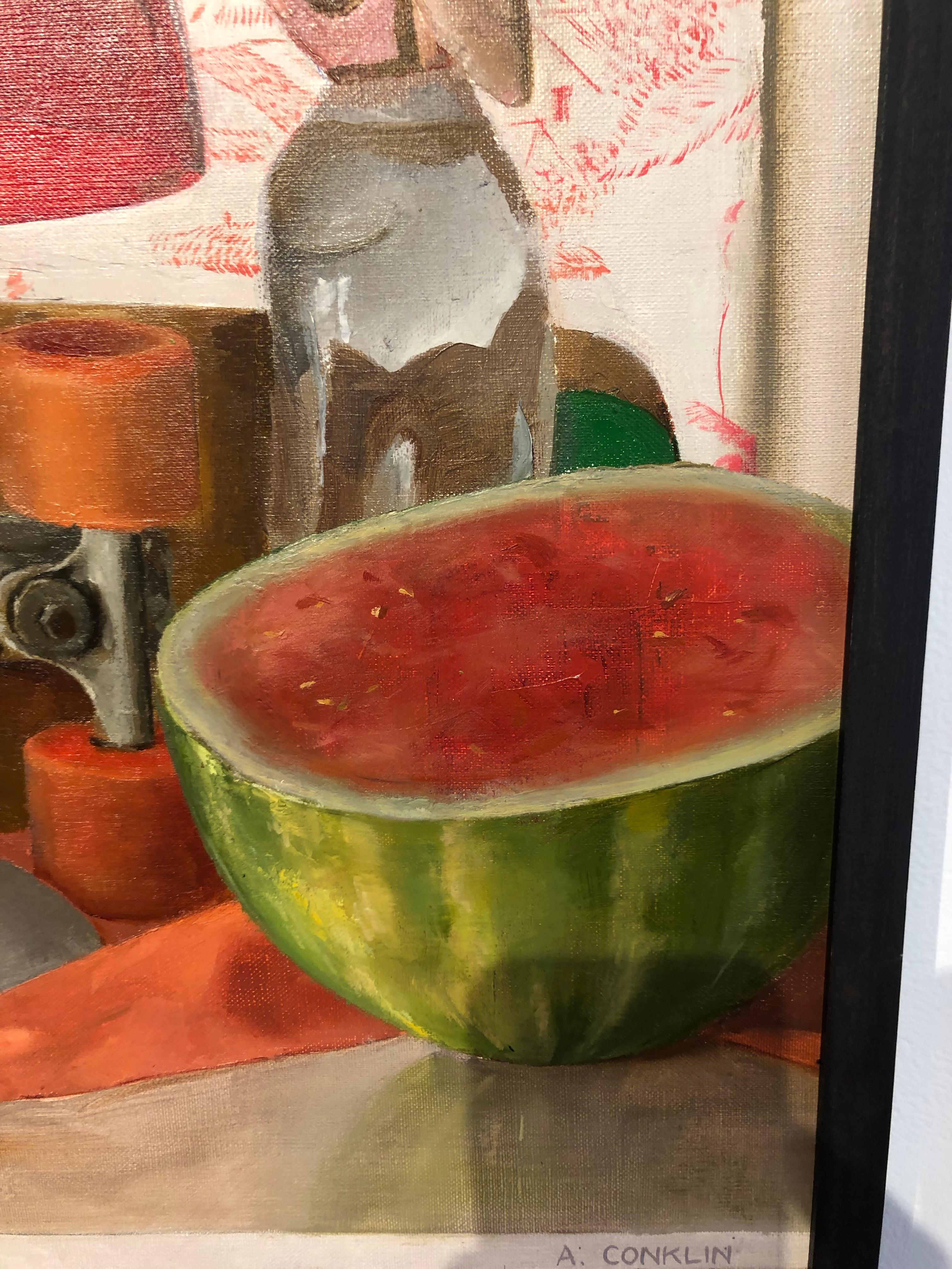 Square Red Still Life - Original Oil Painting with Skateboard and Mixed Objects 1